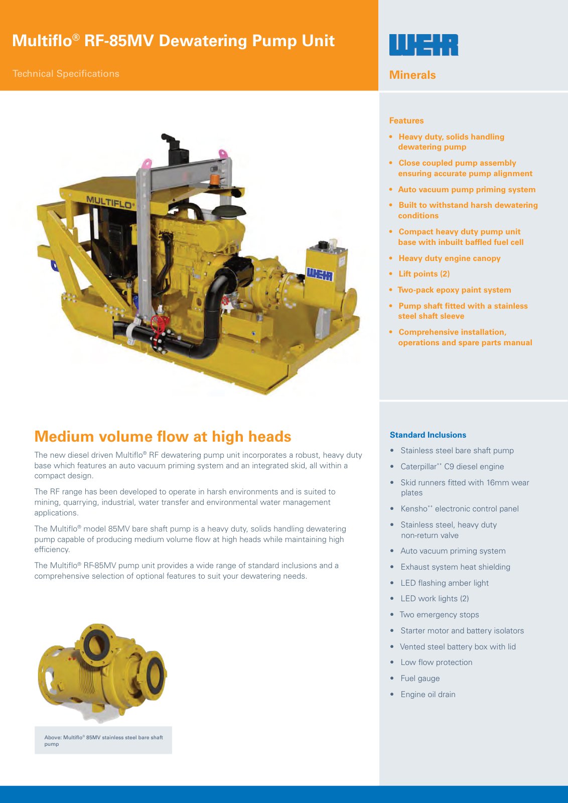 First page of AU0882 Multiflo RF 85MV dewatering pump spec sheet PREVIEW