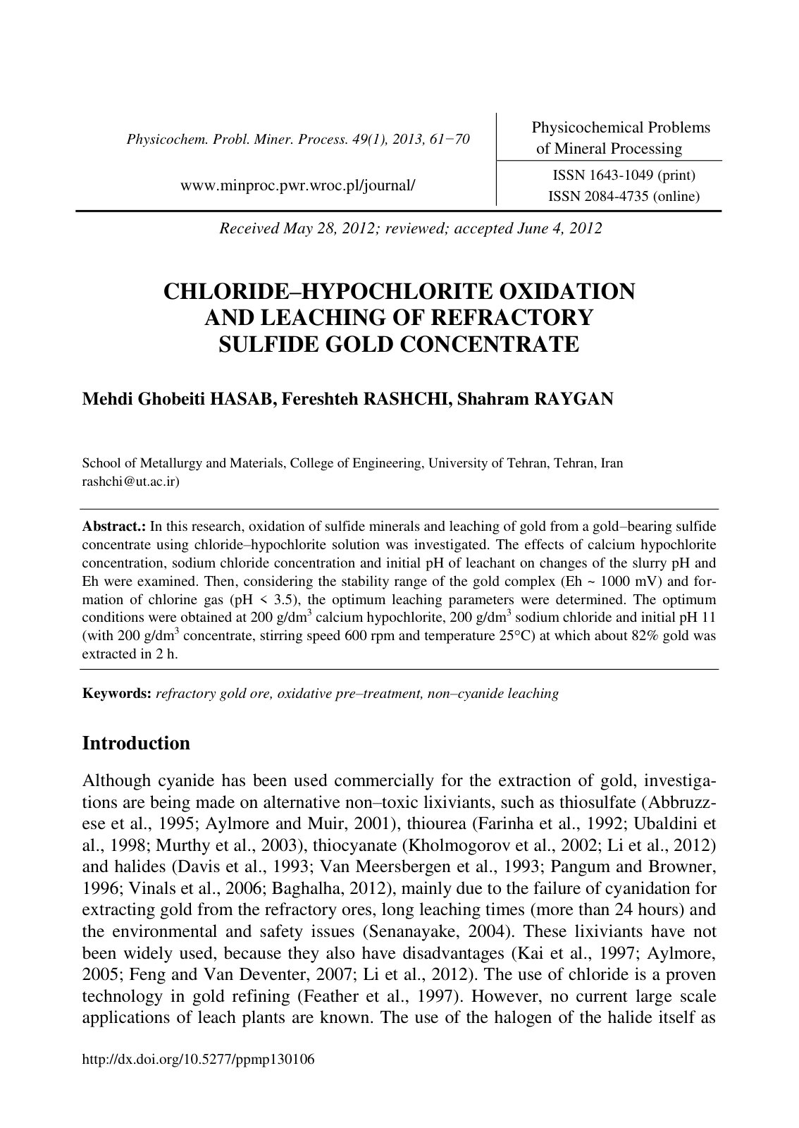First page of Chloride hypochlorite oxidation and leac