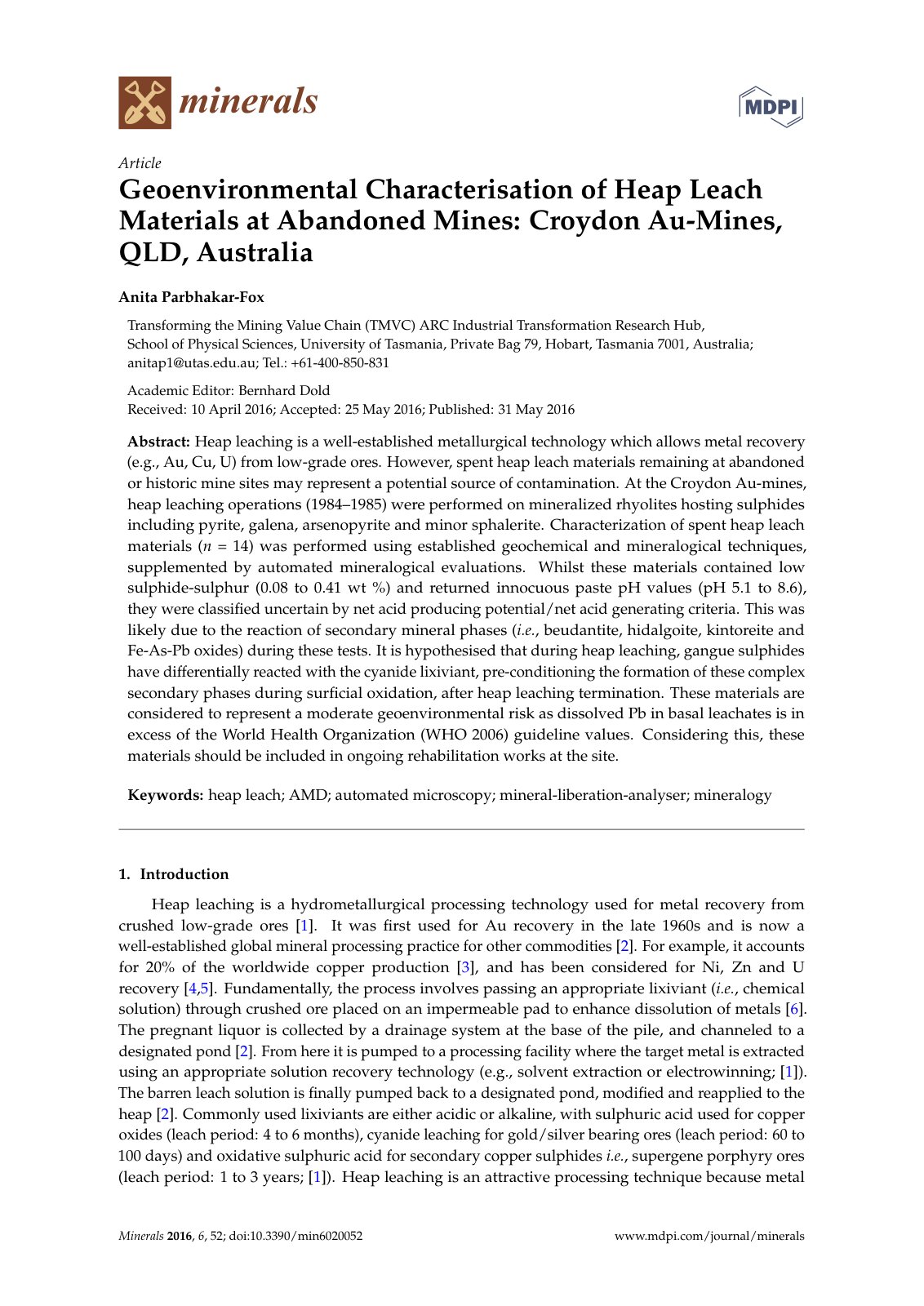 First page of Geoenvironmental Characterisation of Heap Leach Materials at Abandoned Mines: Croydon Au-Mines, QLD, Australia