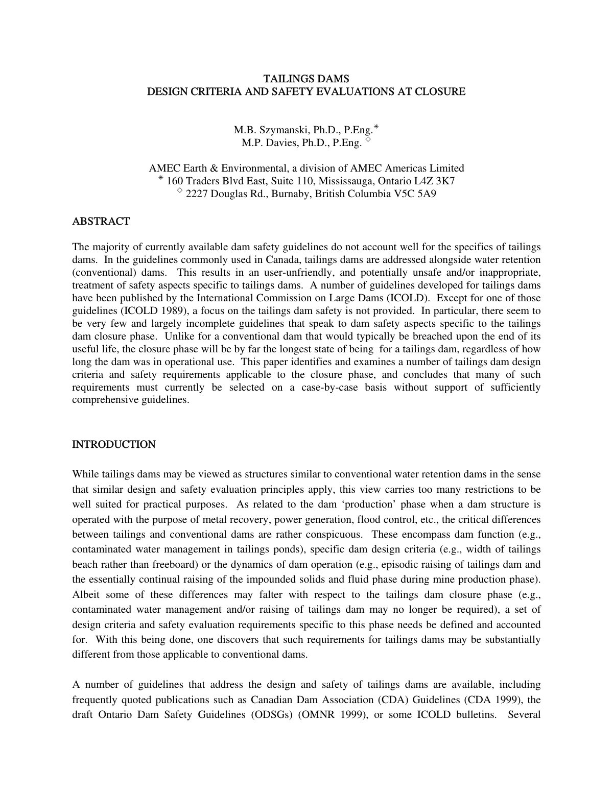 First page of Tailings dams design criteria and safety