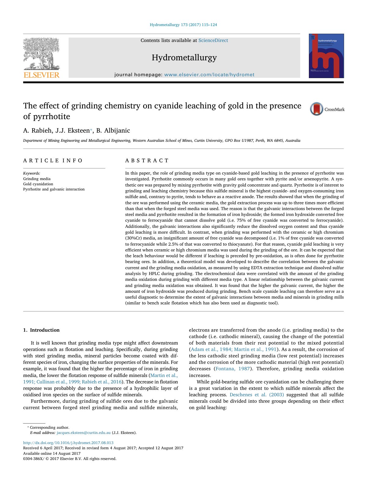 First page of The effect of grinding chemistry on cyanide leaching of gold in the presence of pyrrhotite