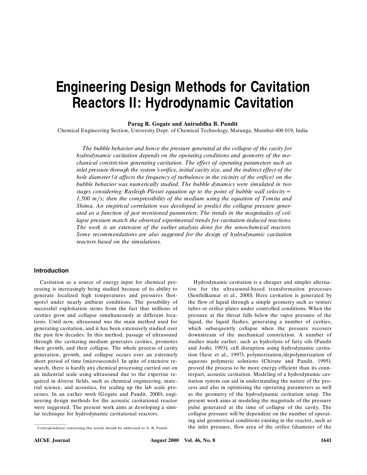 First page of Engineering Design Methods for Cavitation Reactors II: Hydrodynamic Cavitation