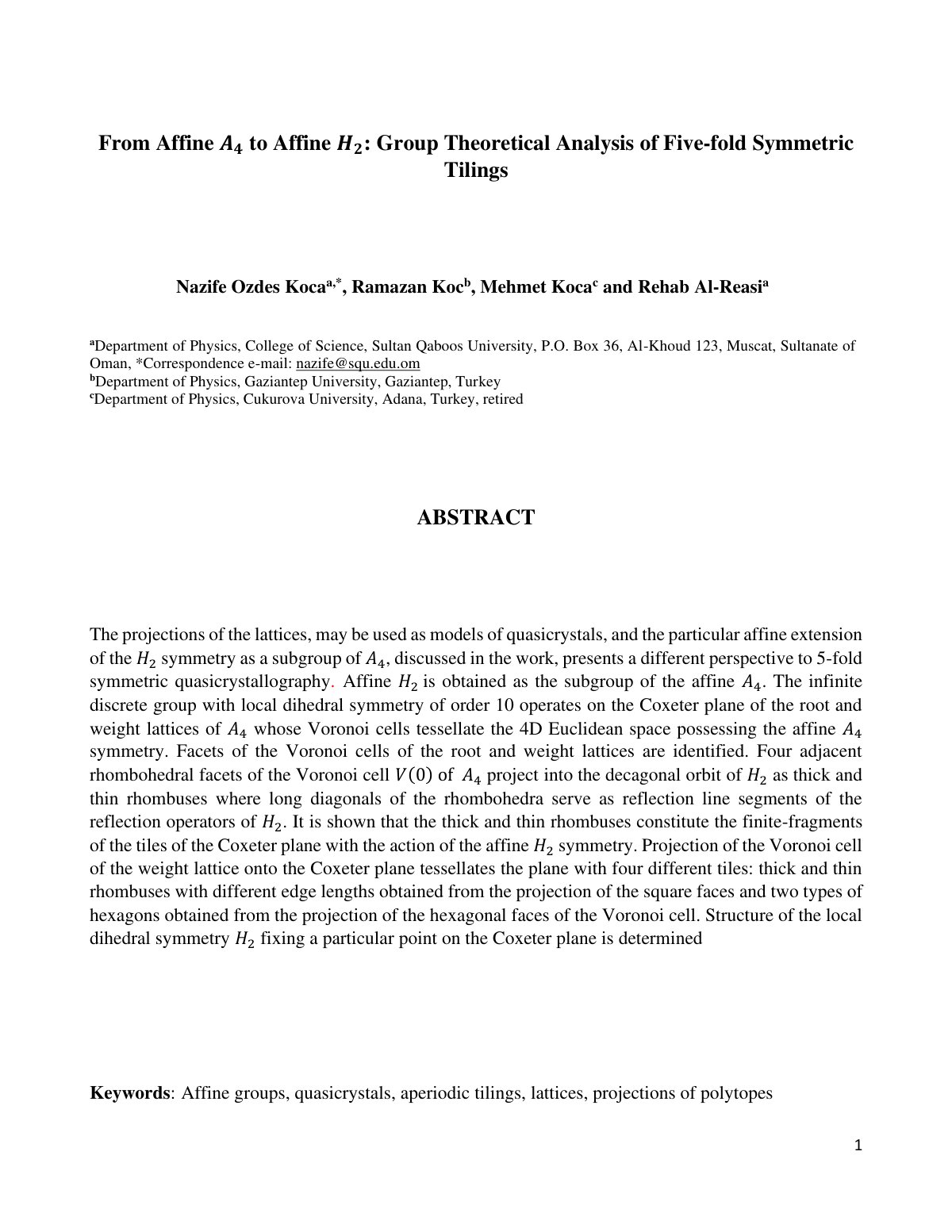First page of From Affine 𝑨𝟒 to Affine 𝑯𝟐: Group Theoretical Analysis of Five-fold Symmetric Tilings
