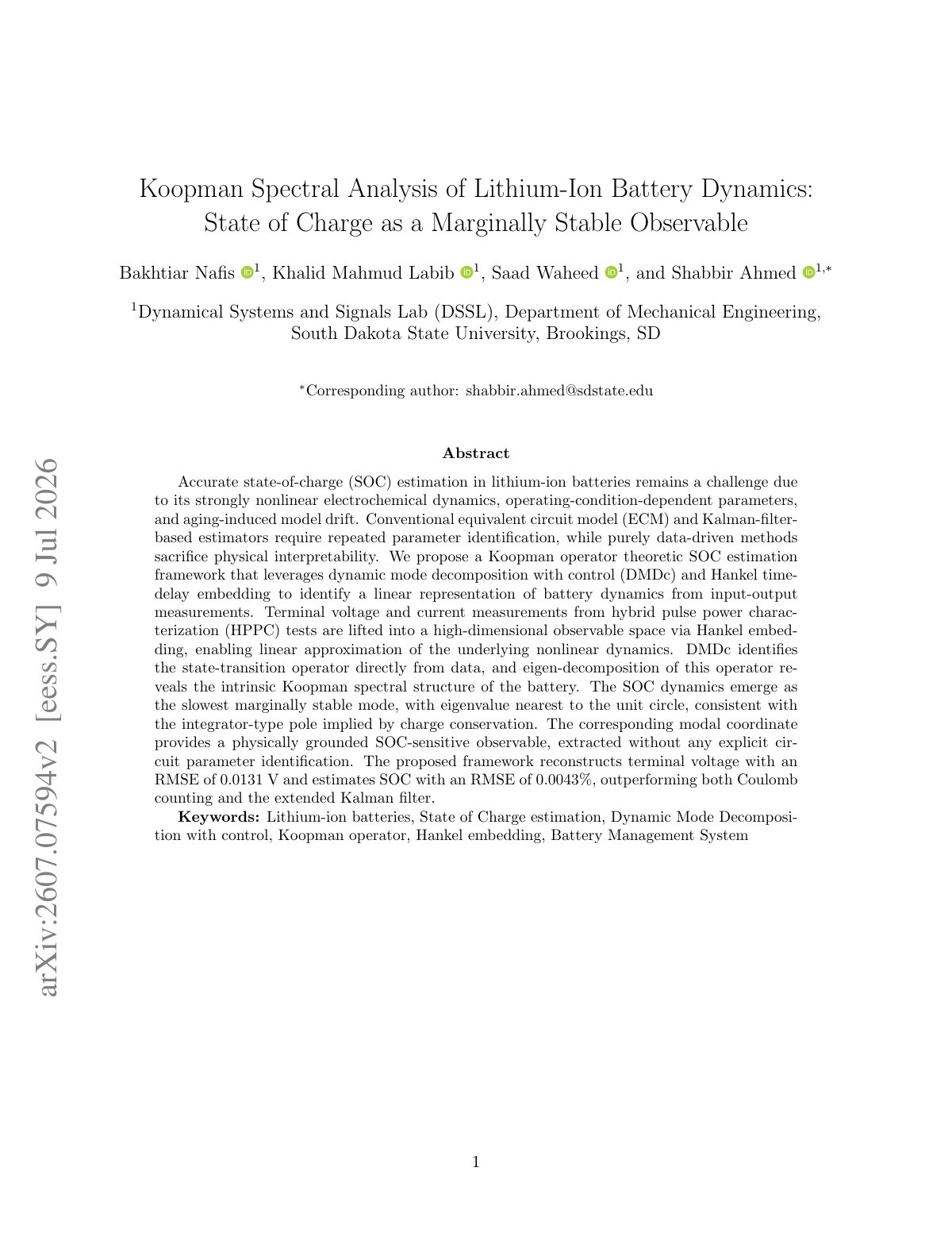 First page of Koopman Spectral Analysis of Lithium-Ion Battery Dynamics: State of Charge as a Marginally Stable Observable