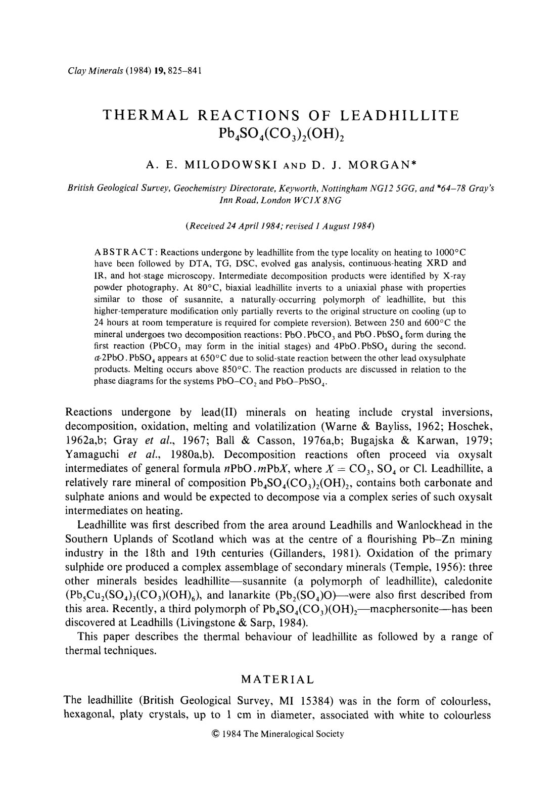 First page of THERMAL REACTIONS OF LEADHILLITE Pb4SO4(COs)2(OH)2