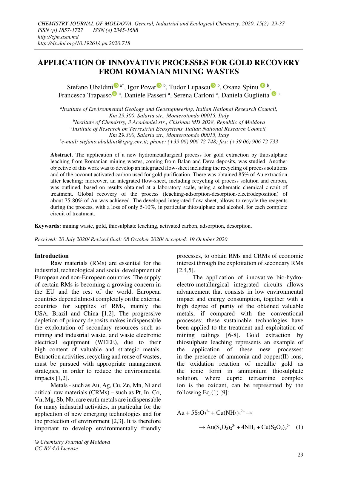 First page of APPLICATION OF INNOVATIVE PROCESSES FOR GOLD RECOVERY FROM ROMANIAN MINING WASTES