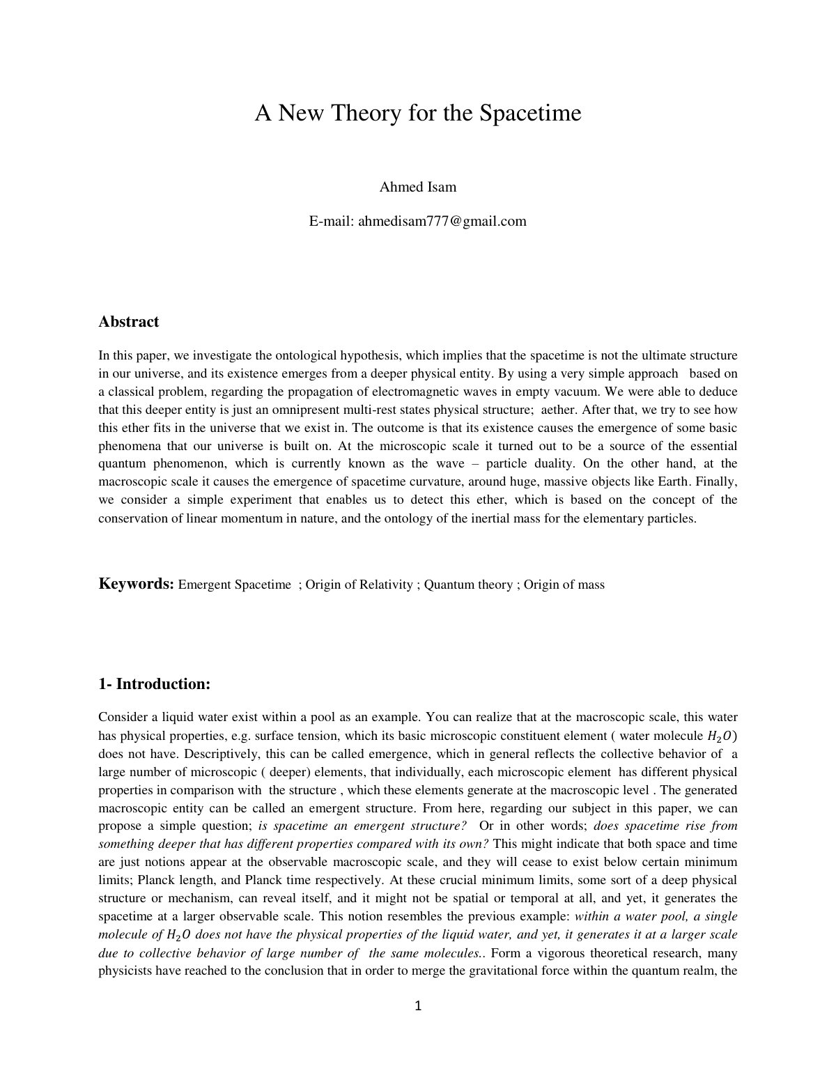 First page of A New Theory for the Spacetime