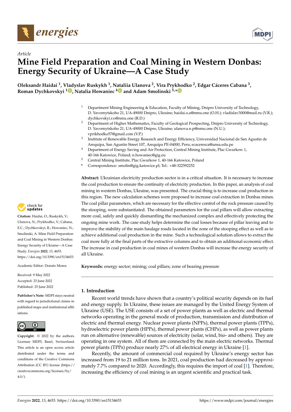 First page of Mine Field Preparation and Coal Mining in Western Donbas: Energy Security of Ukraine—A Case Study