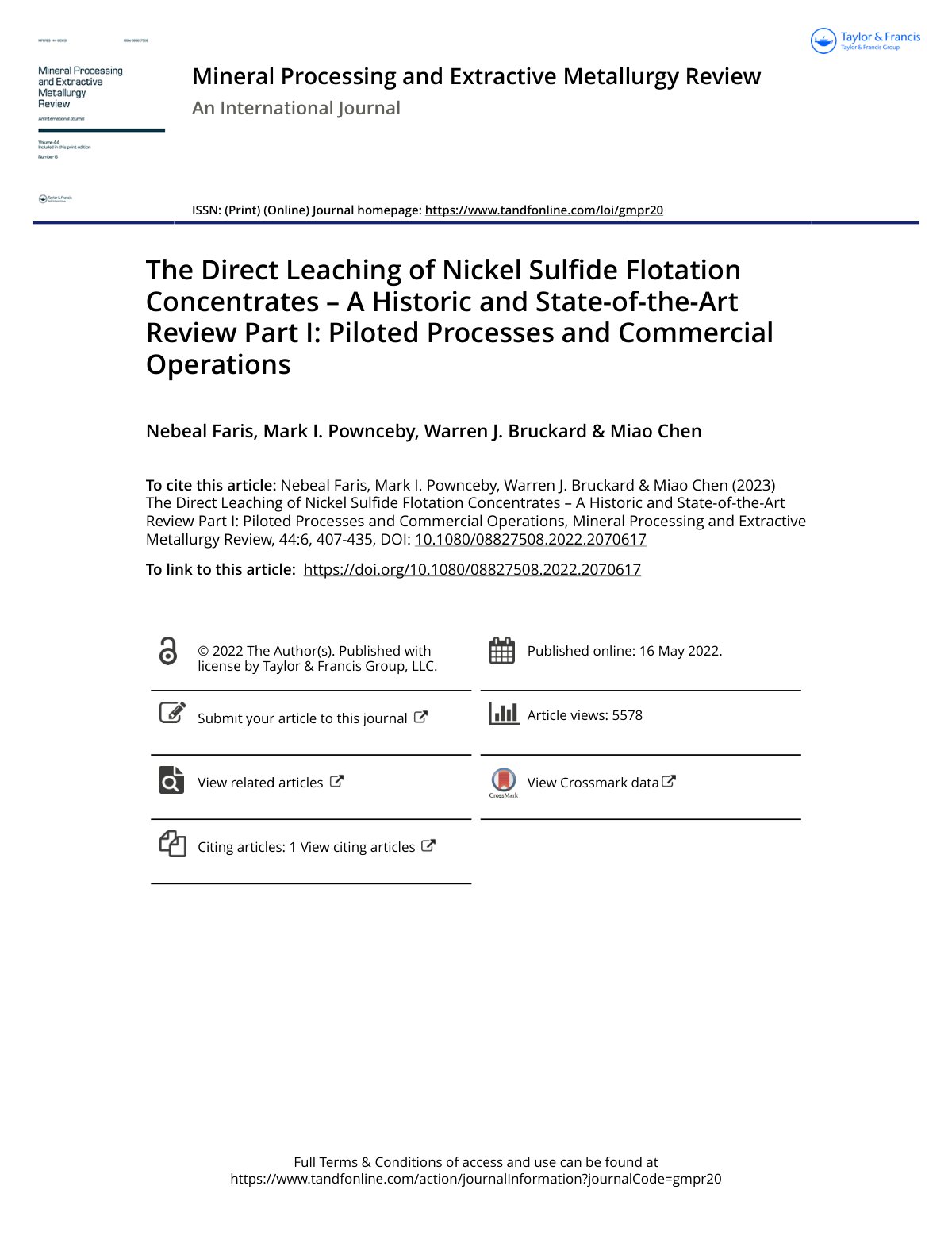 First page of The Direct Leaching of Nickel Sulfide Flotation Concentrates – A Historic and State-of-the-Art Review Part I: Piloted Processes and Commercial Operations