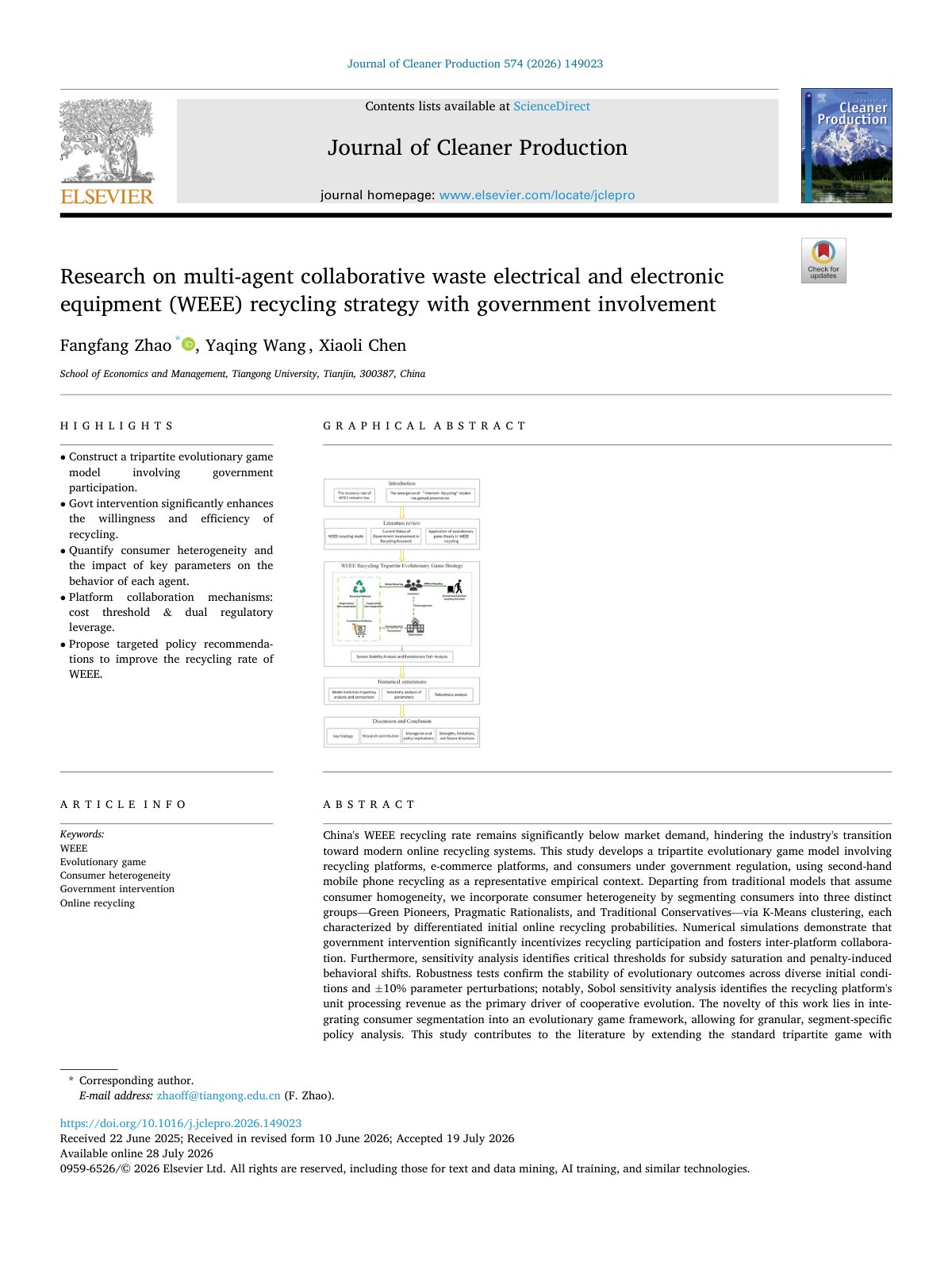 First page of Research on multi agent collaborative waste electrical and 2026 Journal of C