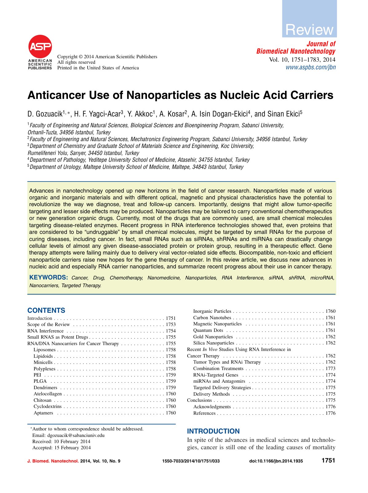 First page of Anticancer Use of Nanoparticles as Nucle