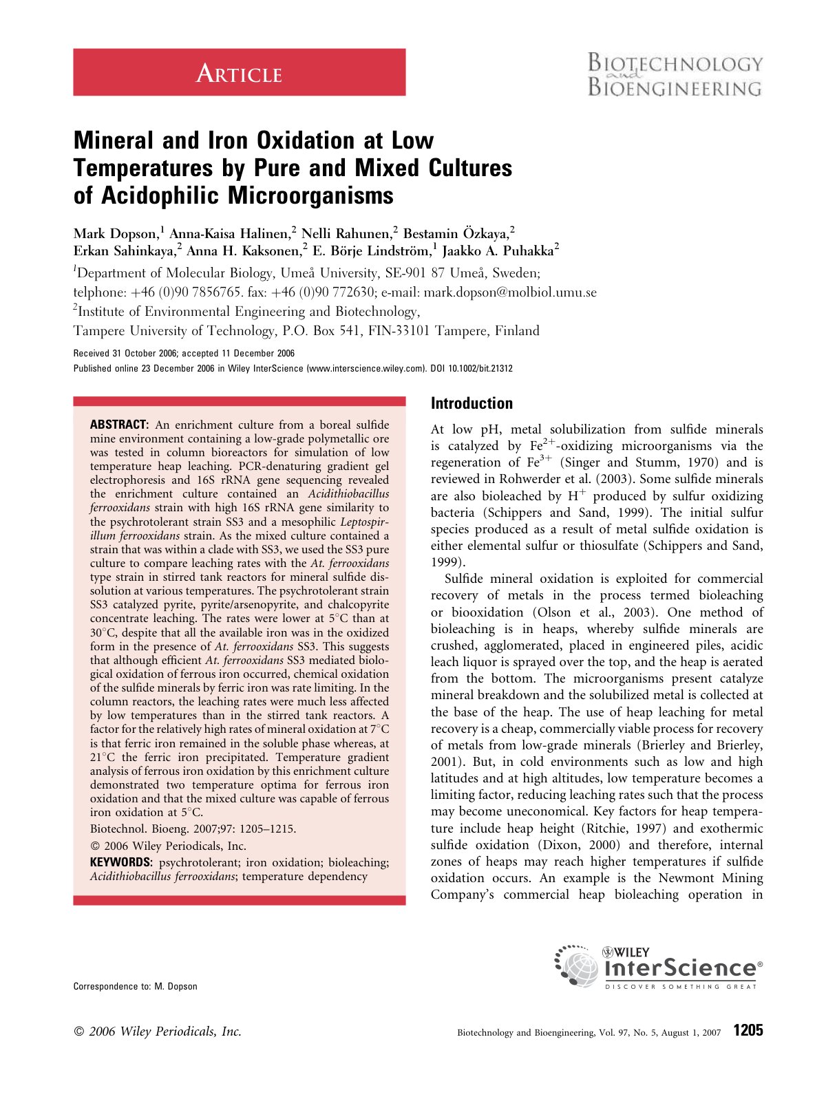 First page of Mineral and Iron Oxidation at Low Temperatures by Pure and Mixed Cultures of Acidophilic Microorganisms