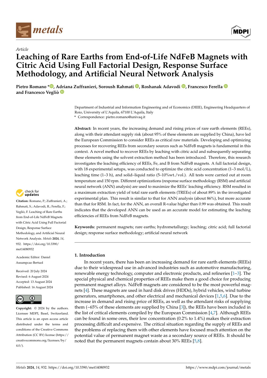 First page of Leaching of Rare Earths from End-of-Life NdFeB Magnets with Citric Acid Using Full Factorial Design, Response Surface Methodology, and Artificial Neural Network Analysis