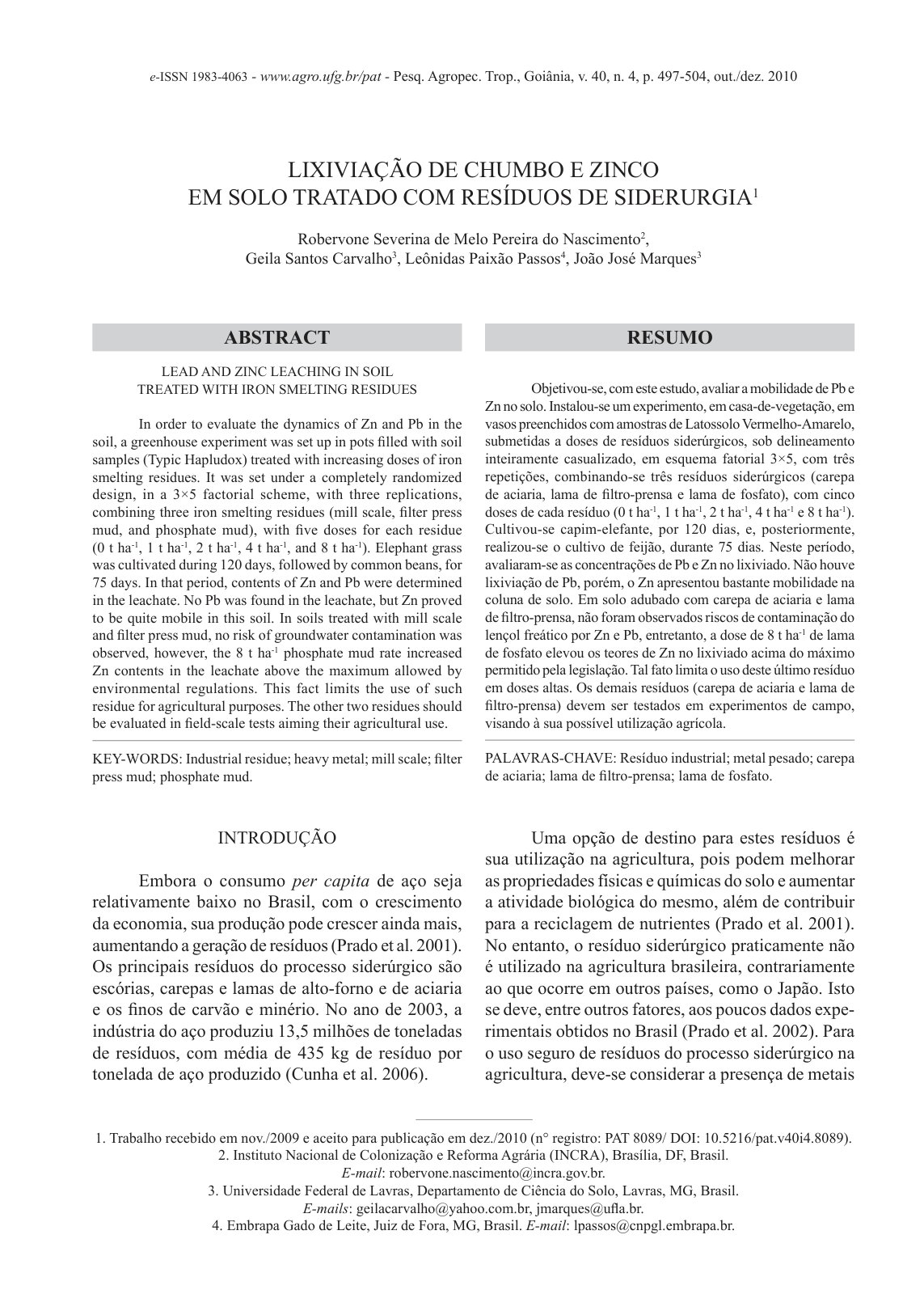 First page of Lixiviacao De Chumbo e Zinco Em Solo Tra