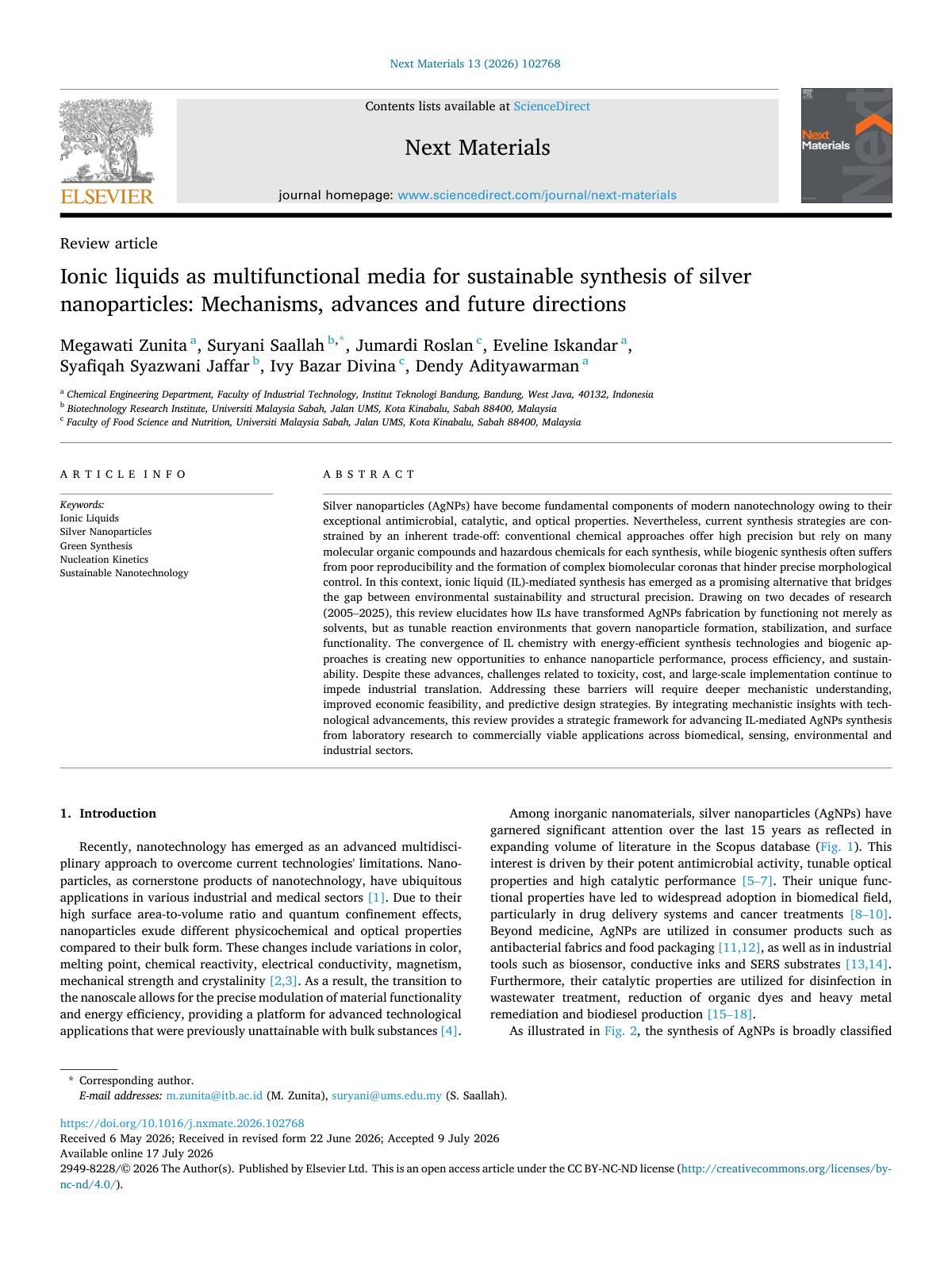 First page of Ionic liquids as multifunctional media for sustainable synthesis 2026 Next M