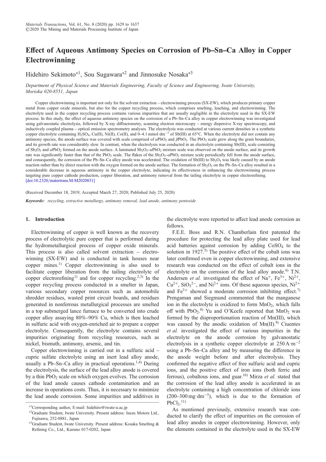 First page of Eﬀect of Aqueous Antimony Species on Corrosion of Pb­Sn­Ca Alloy in Copper Electrowinning