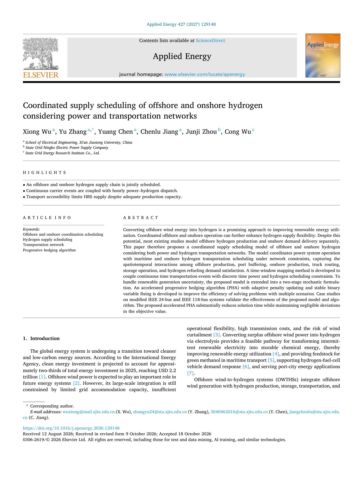 First page of Coordinated supply scheduling of offshore and onshore hydrogen 2027 Applied 