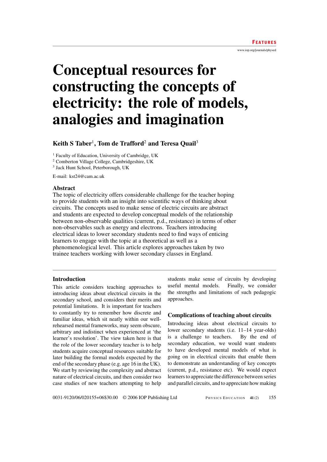 First page of Conceptual resources for constructing the concepts of electricity: the role of models, analogies and imagination