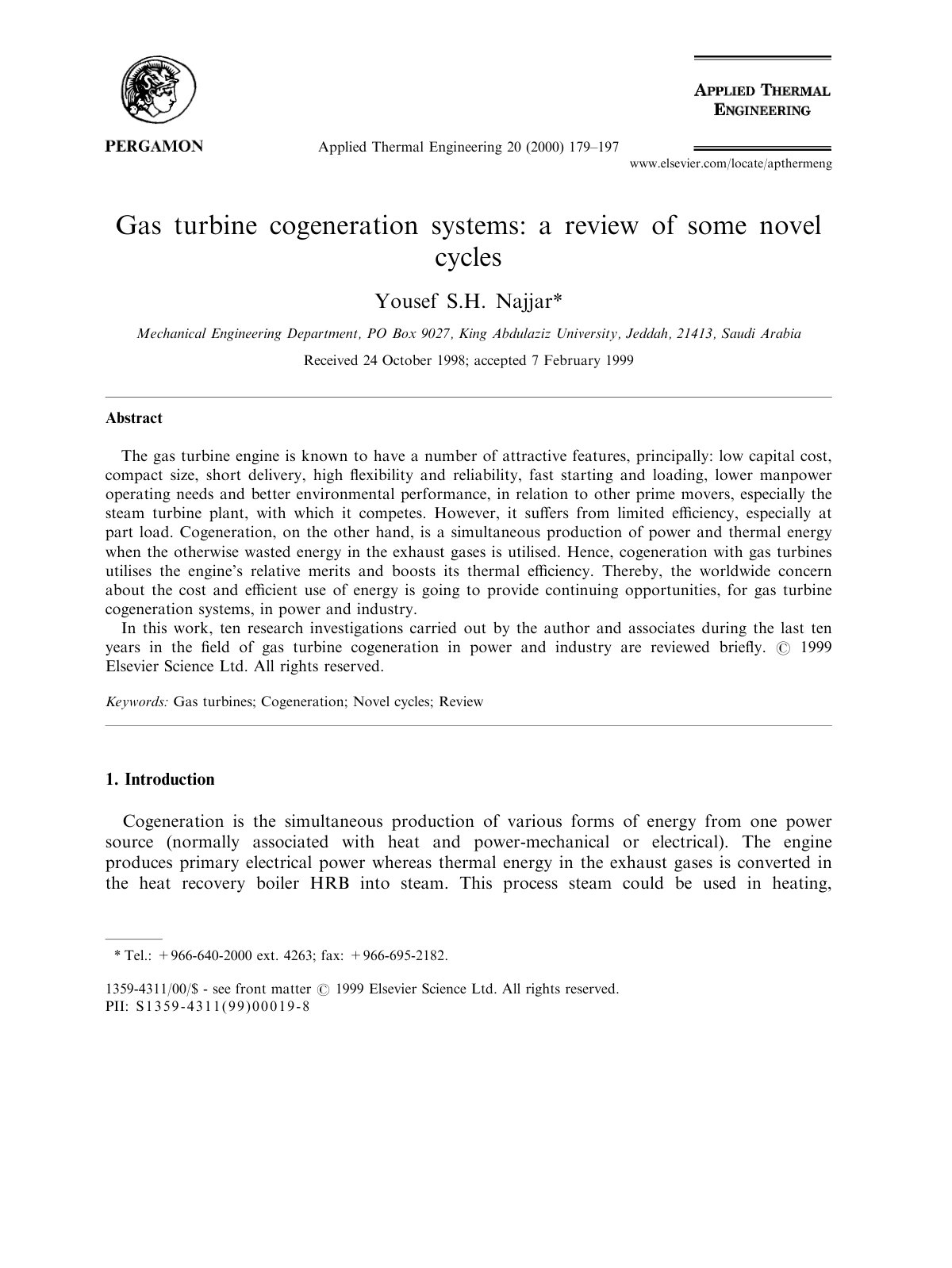 First page of Gas turbine cogeneration systems a revie