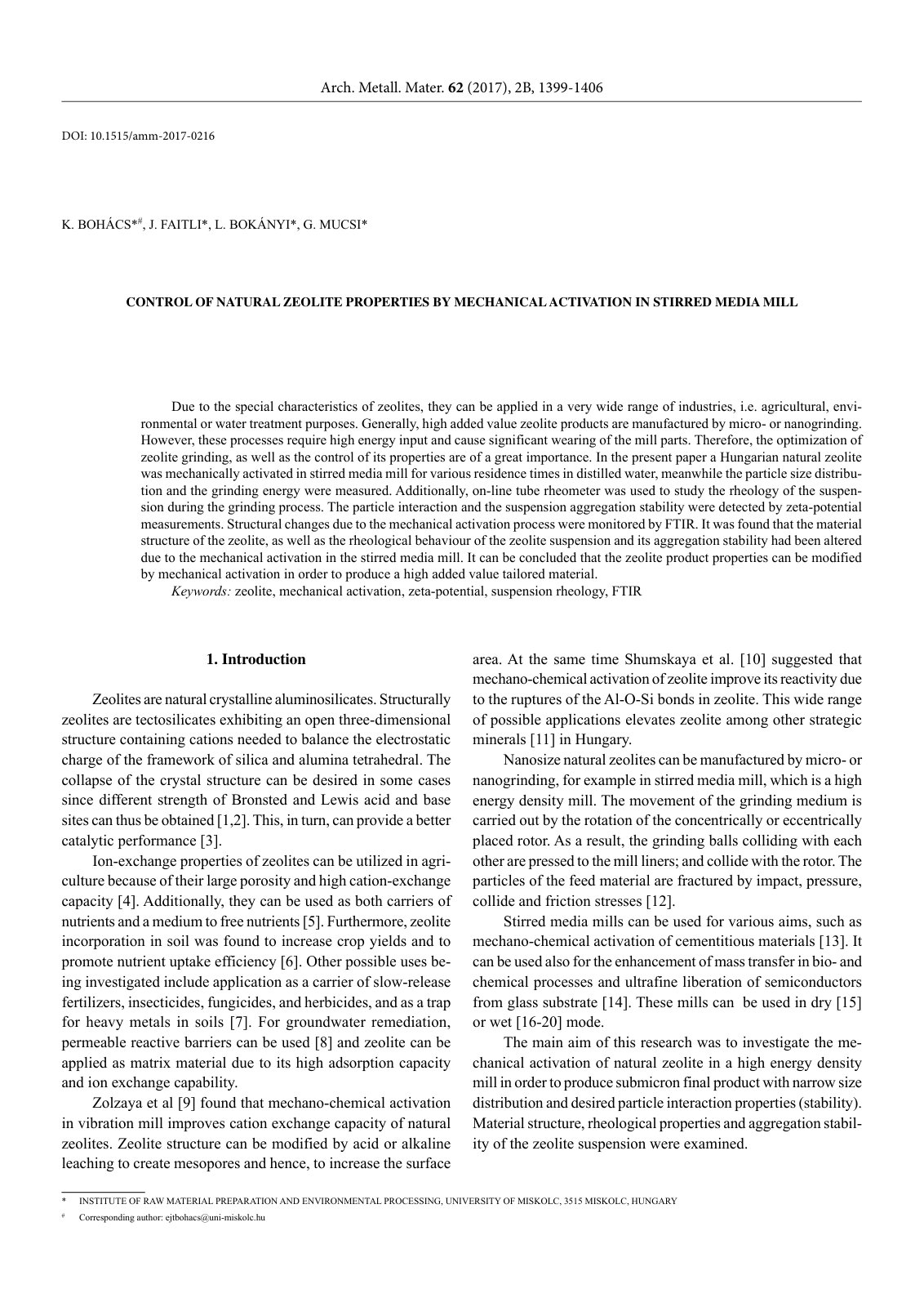 First page of Control of Natural Zeolite Properties by