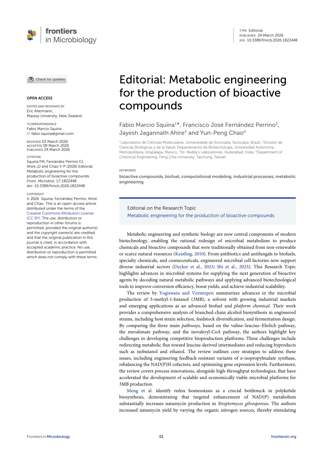 First page of Editorial Metabolic engineering for the production