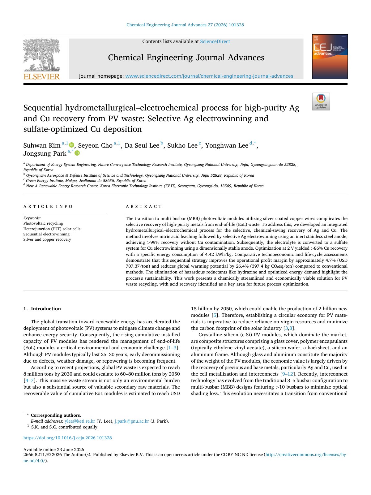 First page of Sequential hydrometallurgical – electrochemical process for high-purity Ag and Cu recovery from PV waste: Selective Ag electrowinning and sulfate-optimized Cu deposition
