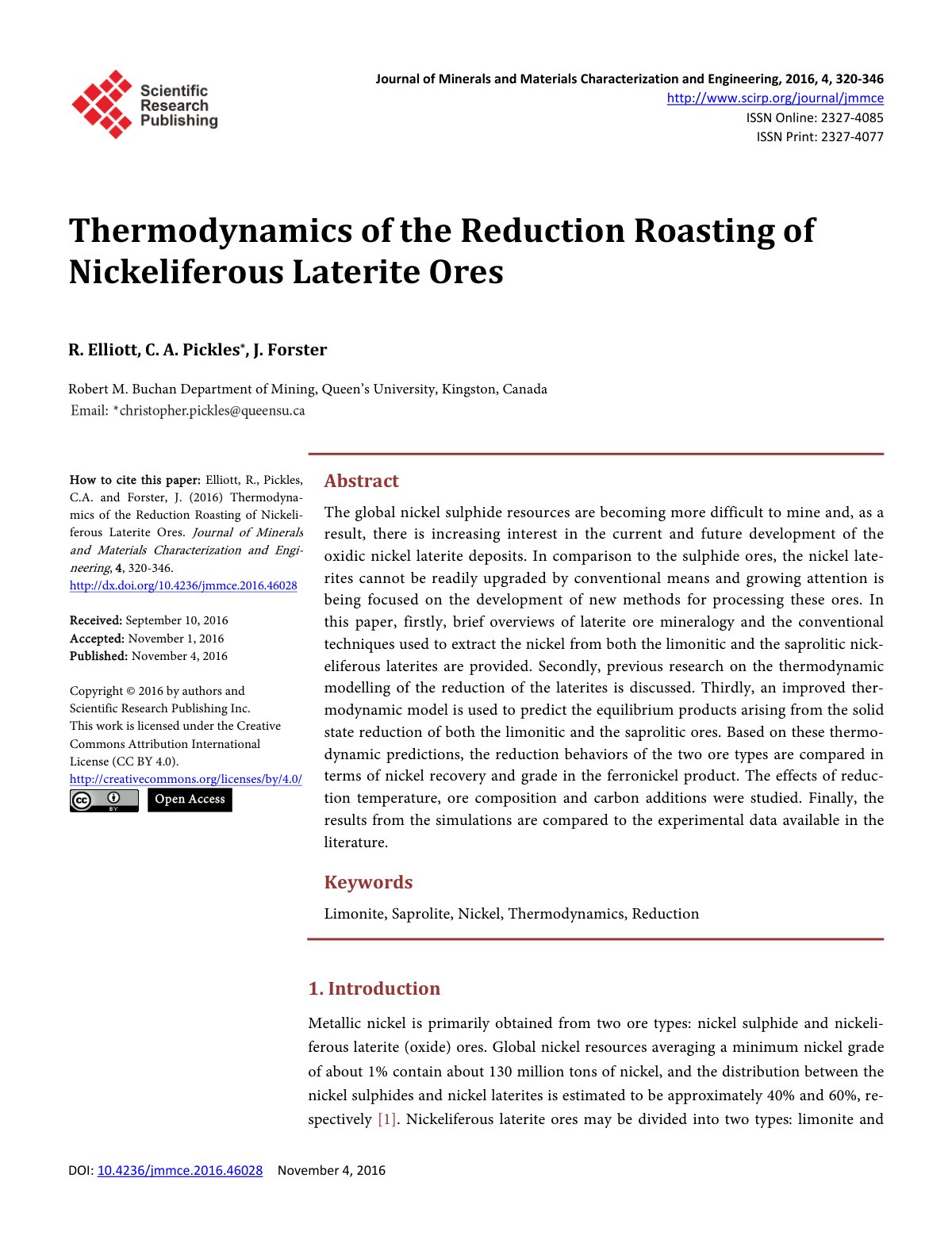 First page of Thermodynamics of the Reduction Roasting of Nickeliferous Laterite Ores