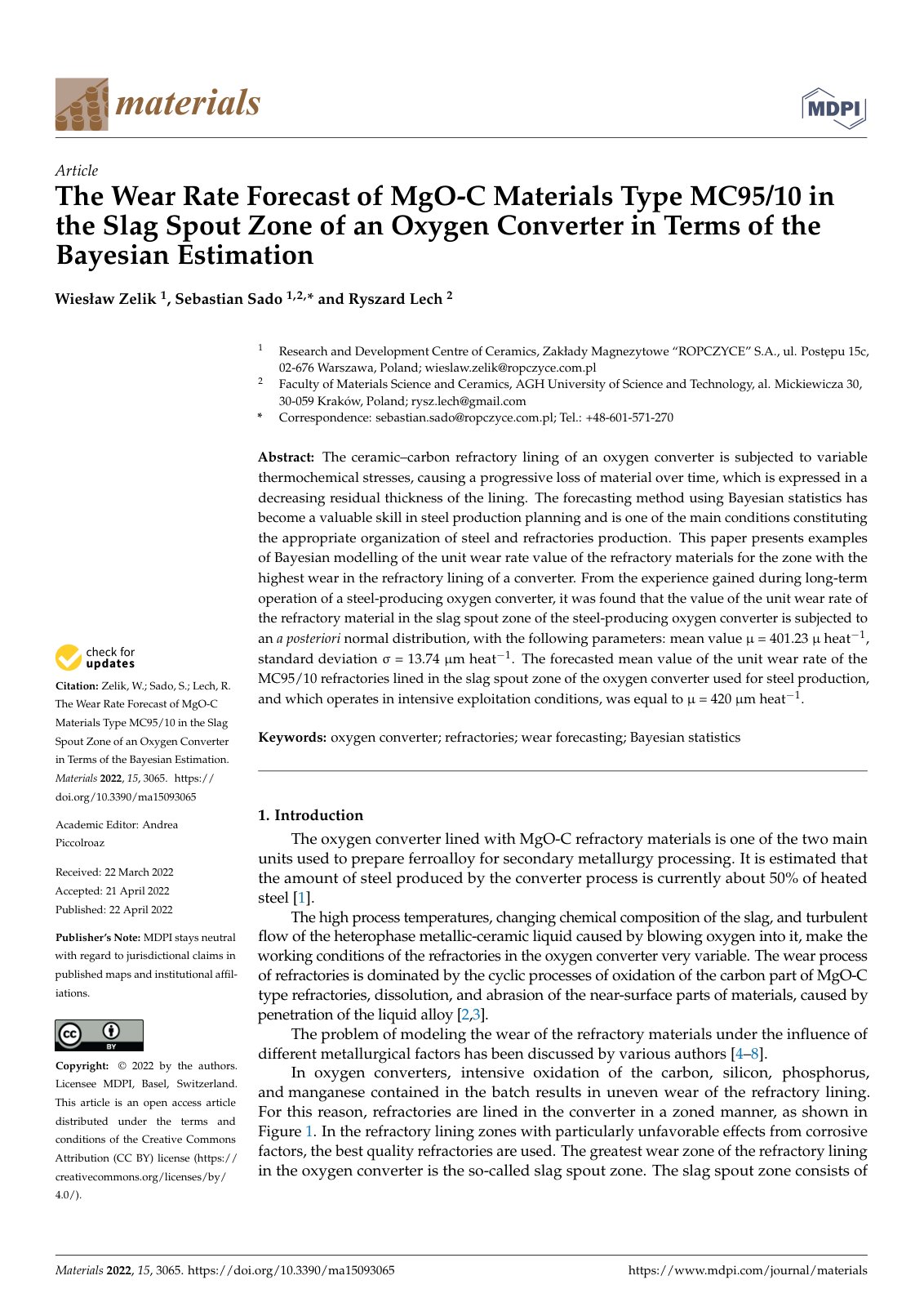 First page of The Wear Rate Forecast of MgO-C Materials Type MC95/10 in the Slag Spout Zone of an Oxygen Converter in Terms of the Bayesian Estimation