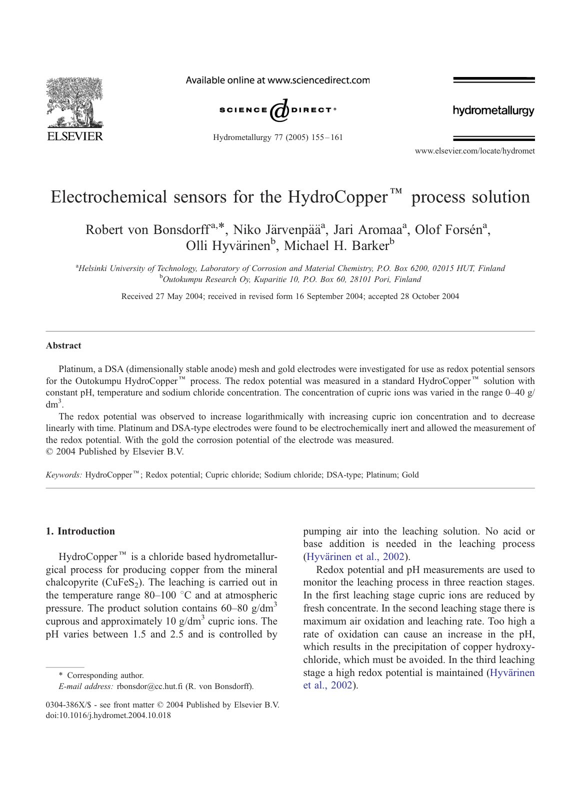 First page of Electrochemical sensors for the HydroCopperk process solution