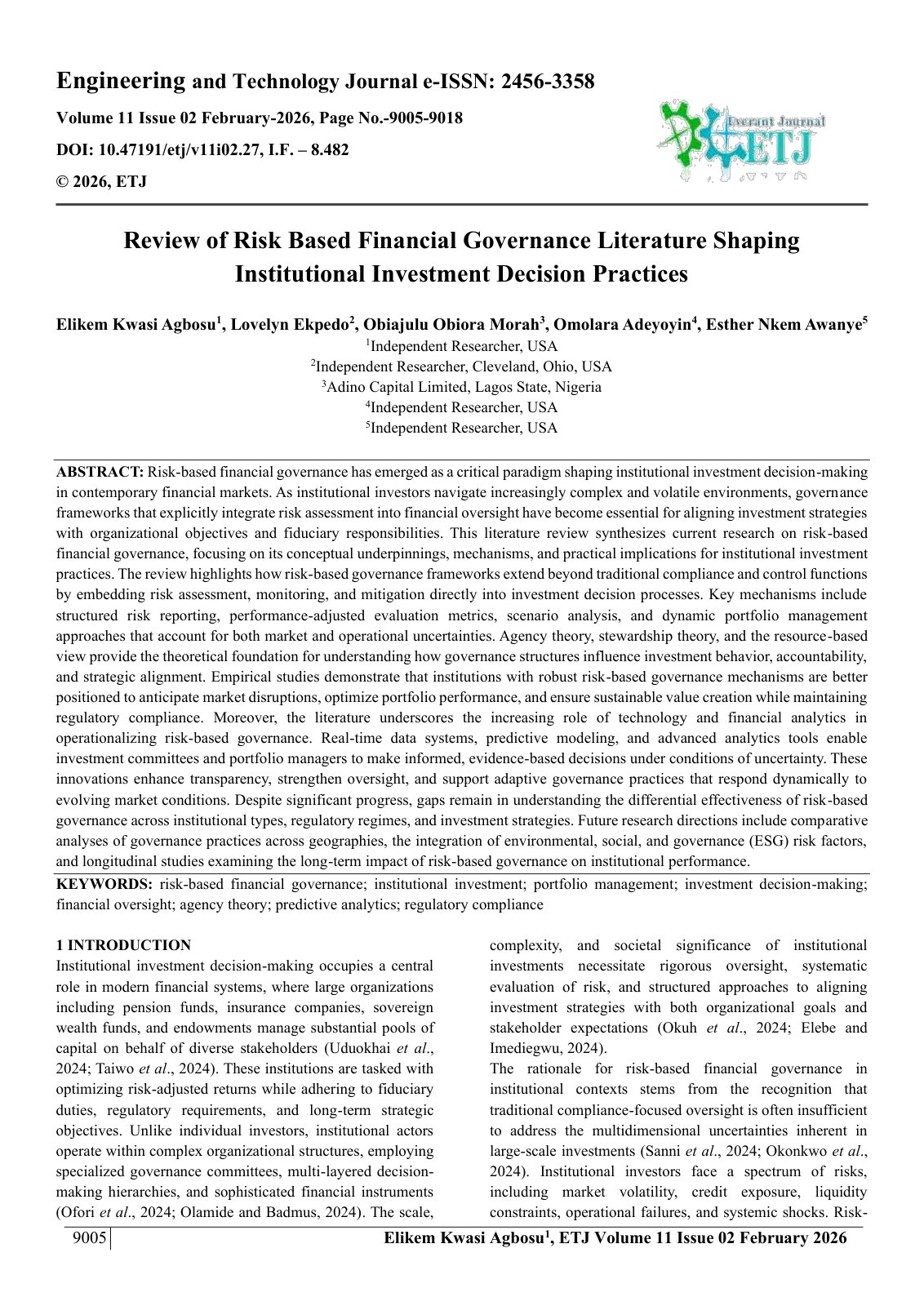 First page of Review of Risk Based Financial Governance Literature Shaping  Institutional Investment Decision Practices 