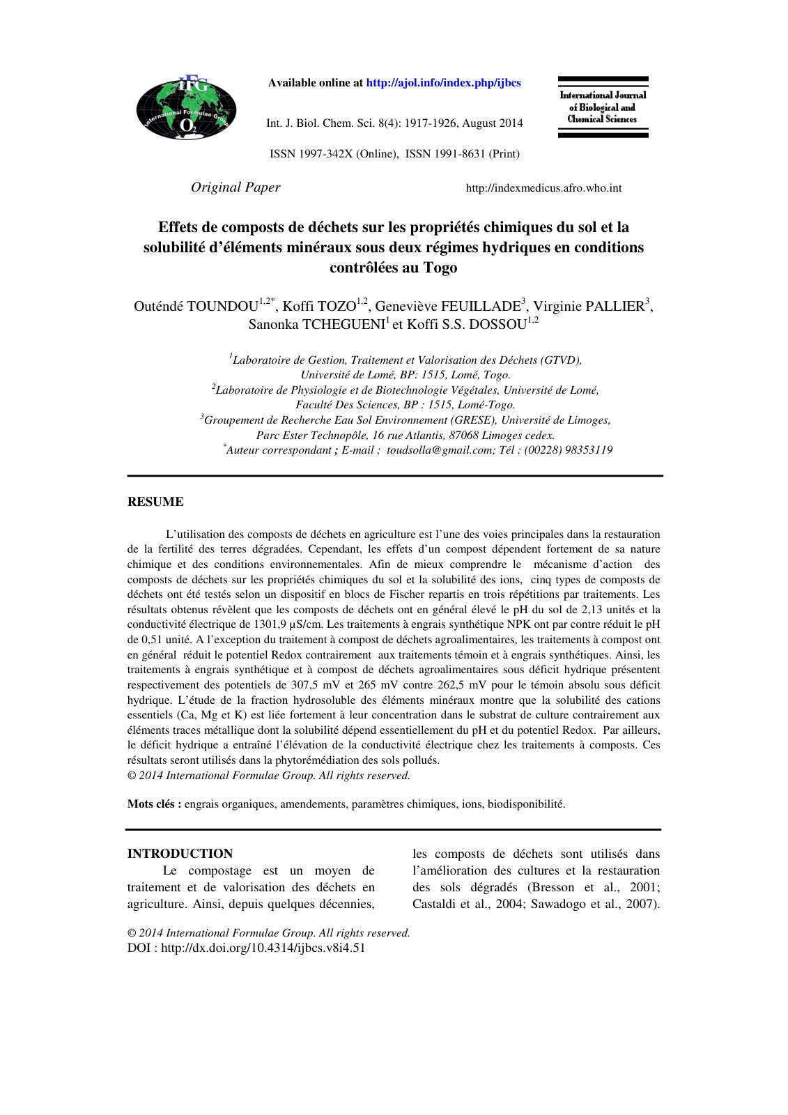 First page of Effets de composts de dechets sur les pr
