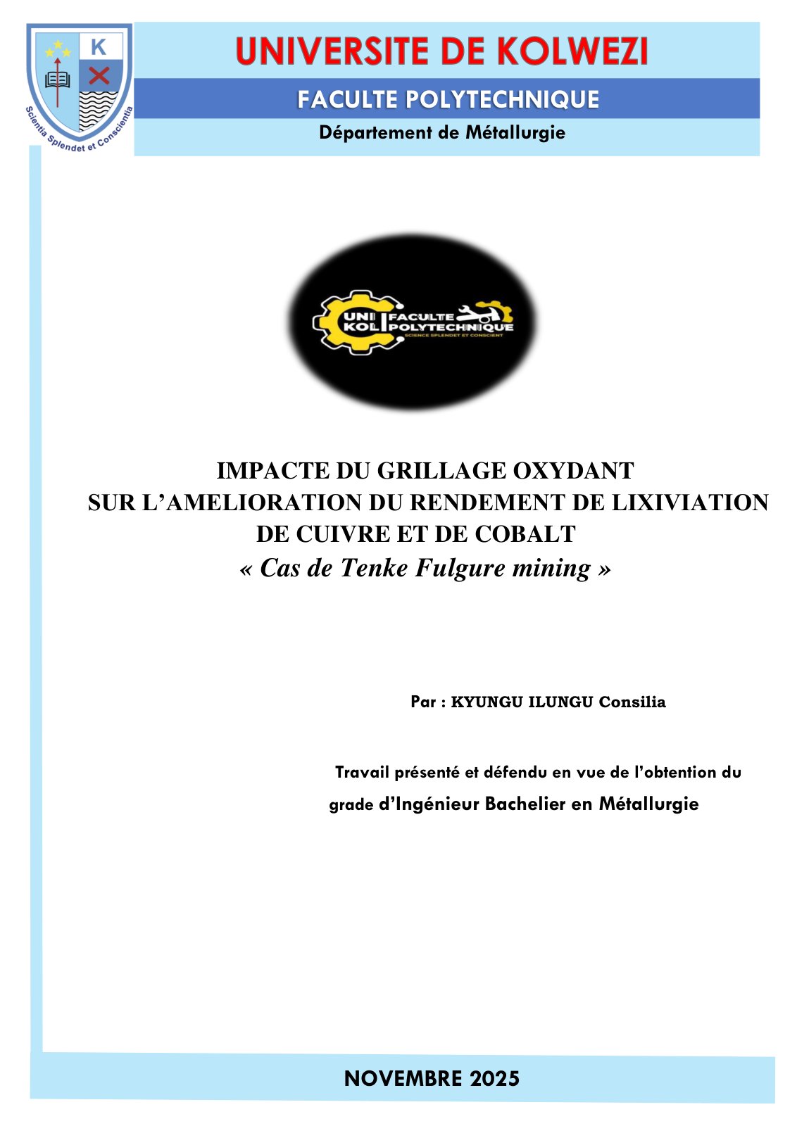 First page of IMPACTE DU GRILLAGE OXYDANT SUR L’AMELIORATION DU RENDEMENT DE LIXIVIATION DE CUIVRE ET DE COBALT - Cas de Tenke Fungure mining 
