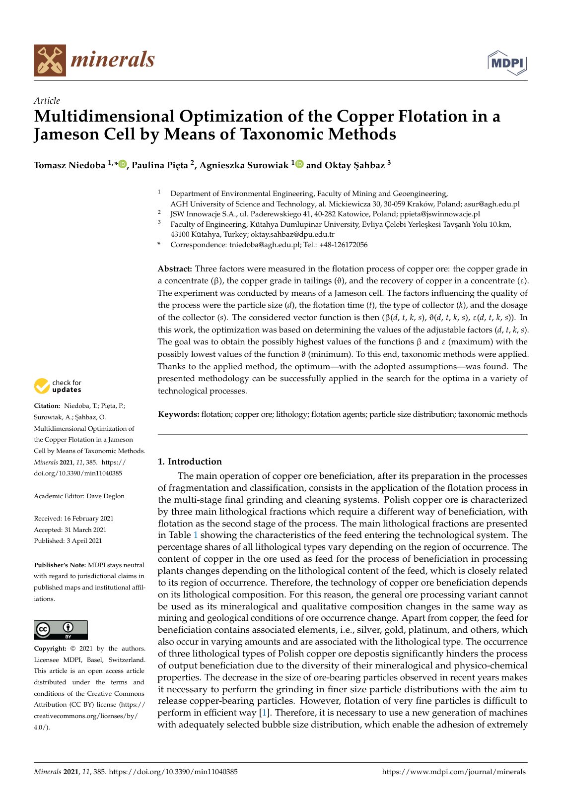First page of Multidimensional Optimization of the Copper Flotation in a Jameson Cell by Means of Taxonomic Methods