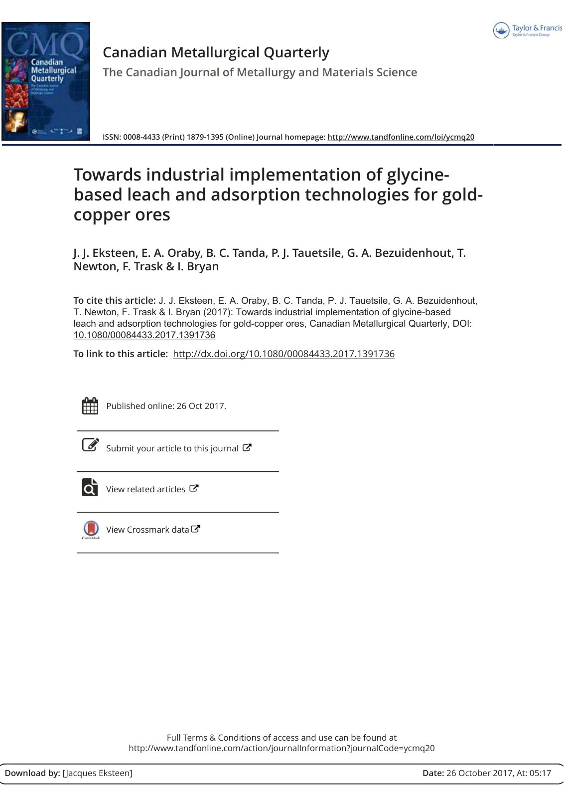 First page of Towars industrial implementation of glycine-based leach and adsorption technologies for gold-copper ores