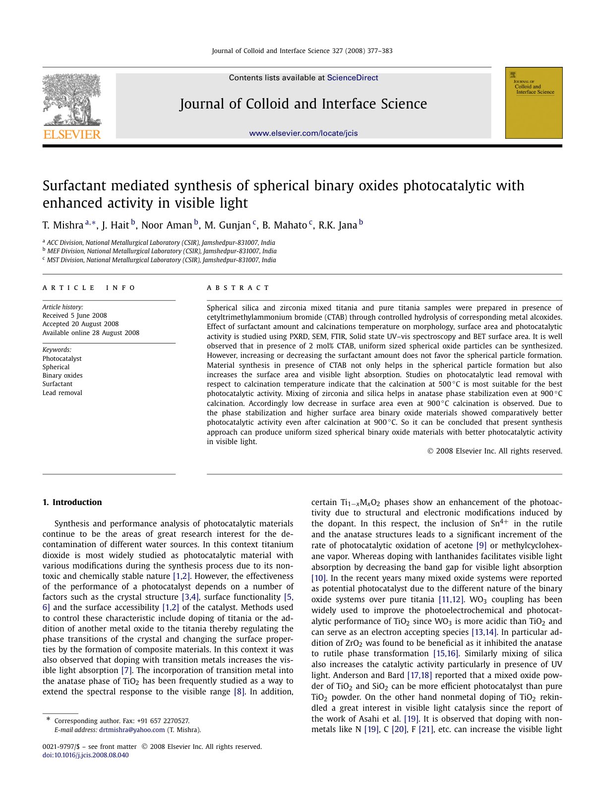 First page of Surfactant mediated synthesis of spheric