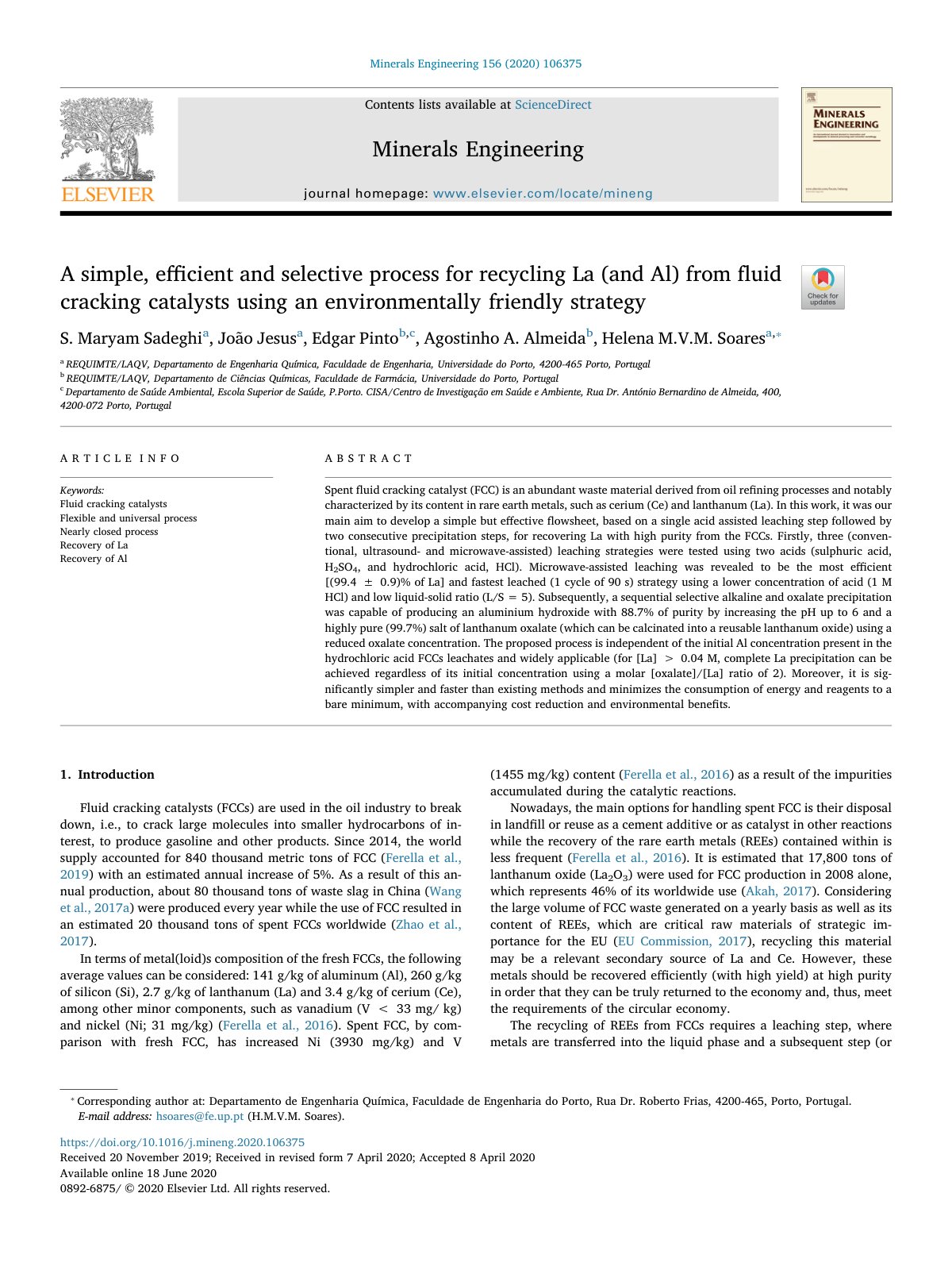 First page of A simple  efficient and selective process for recycling La  an 2020 Minerals