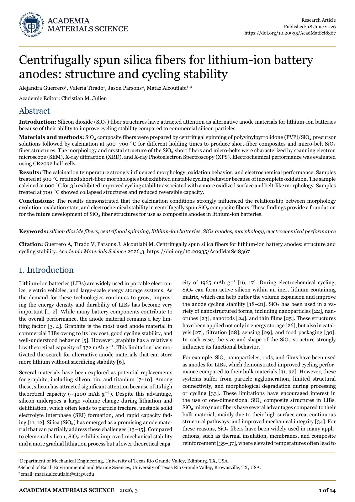 First page of Centrifugally spun silica fibers for lithium-ion battery anodes: structure and cycling stability