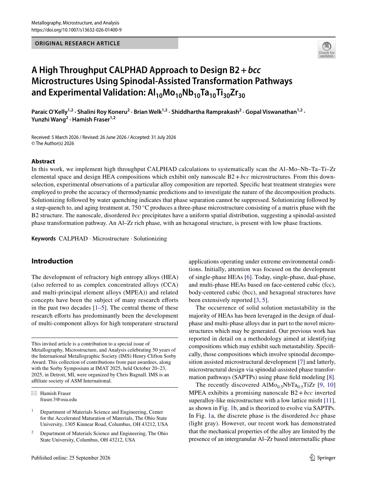 First page of A High Throughput CALPHAD Approach to Design B2 + bcc Microstructures Using Spinodal‑Assisted Transformation Pathways and Experimental Validation: Al10Mo10Nb10Ta10Ti30Zr30
