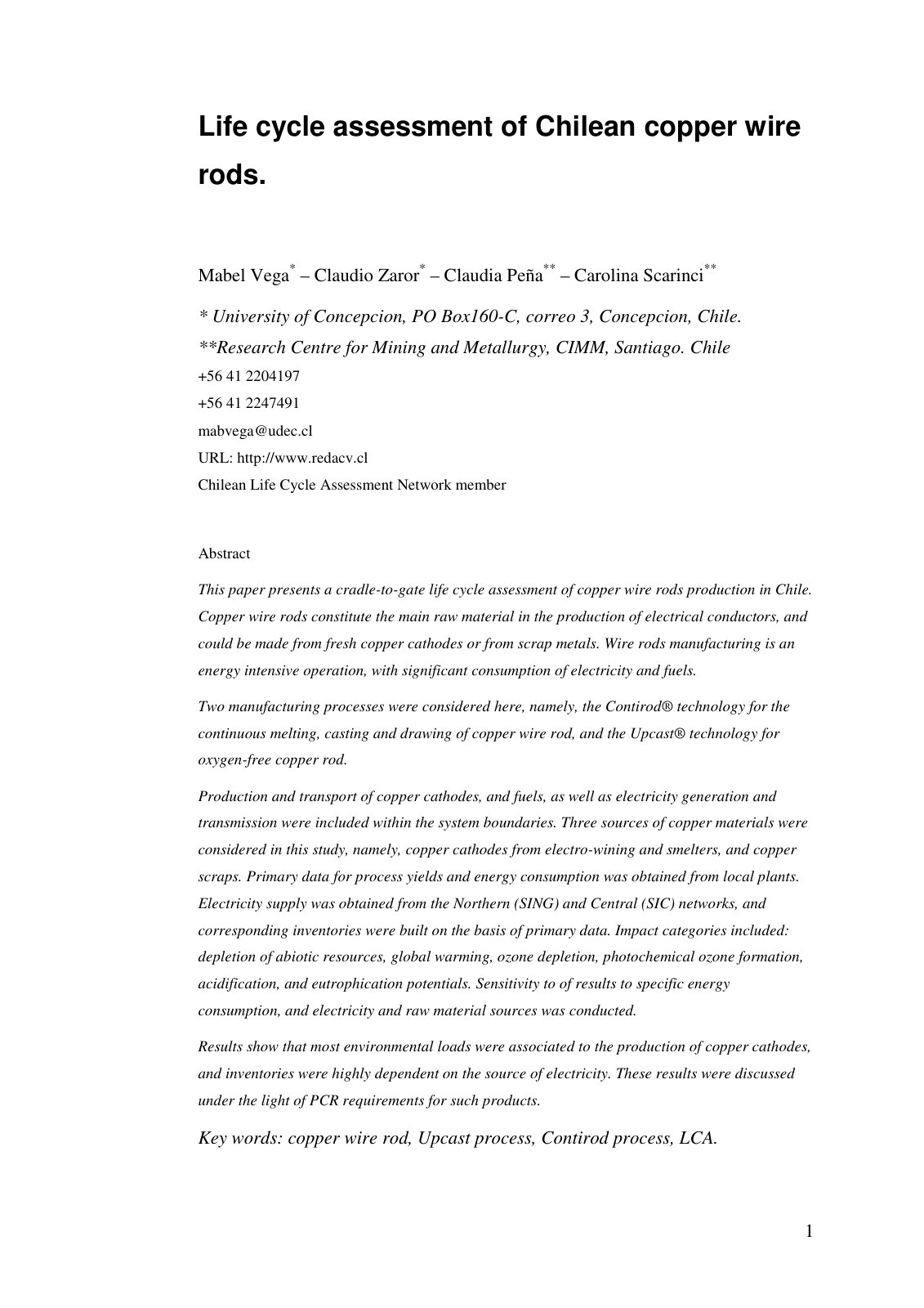 First page of Life cycle assessment of Chilean copper