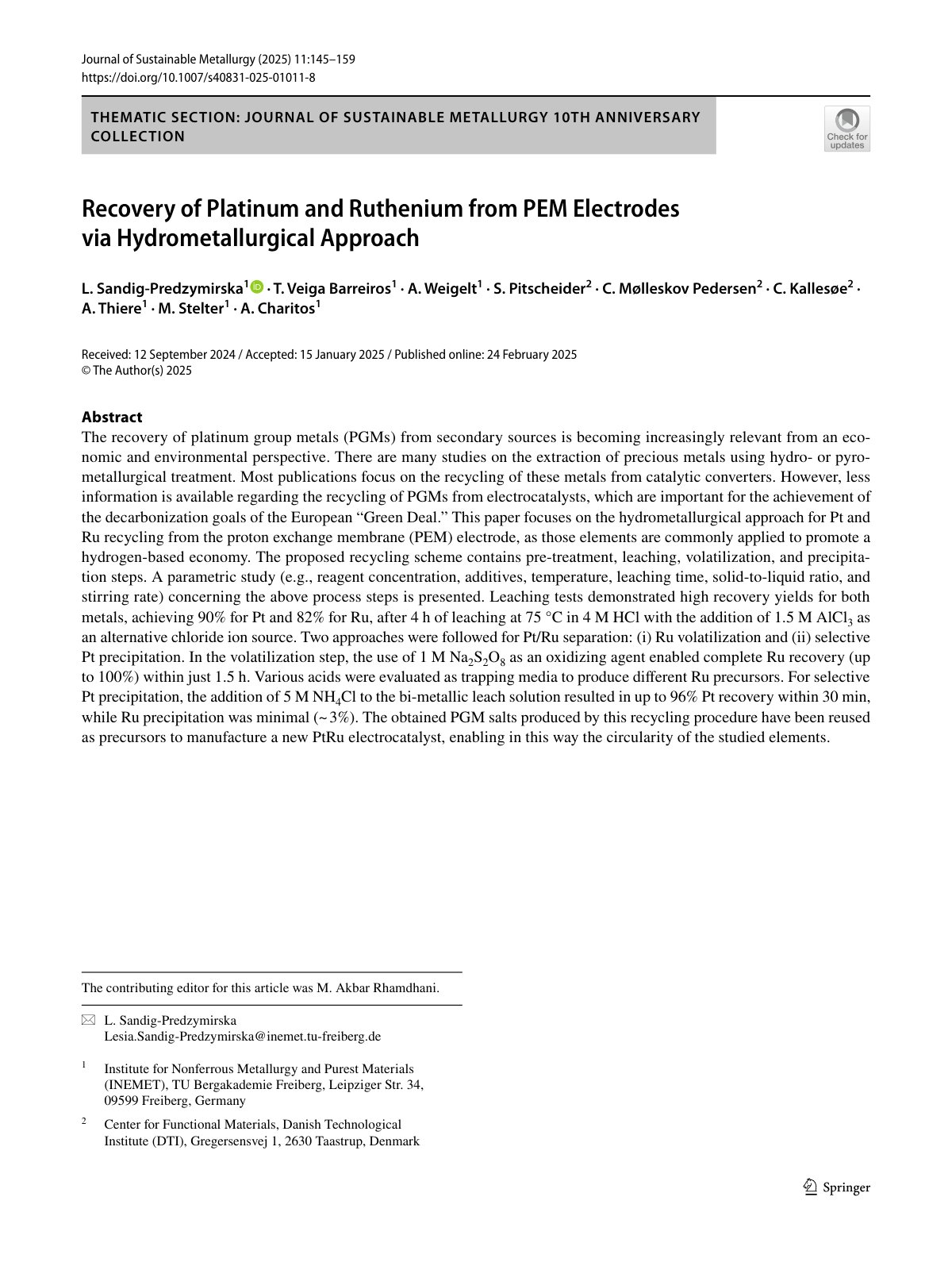 First page of 2025   Sandig Predzymirska   Platinum and Ruthenium Recovery from PEM Electrodes