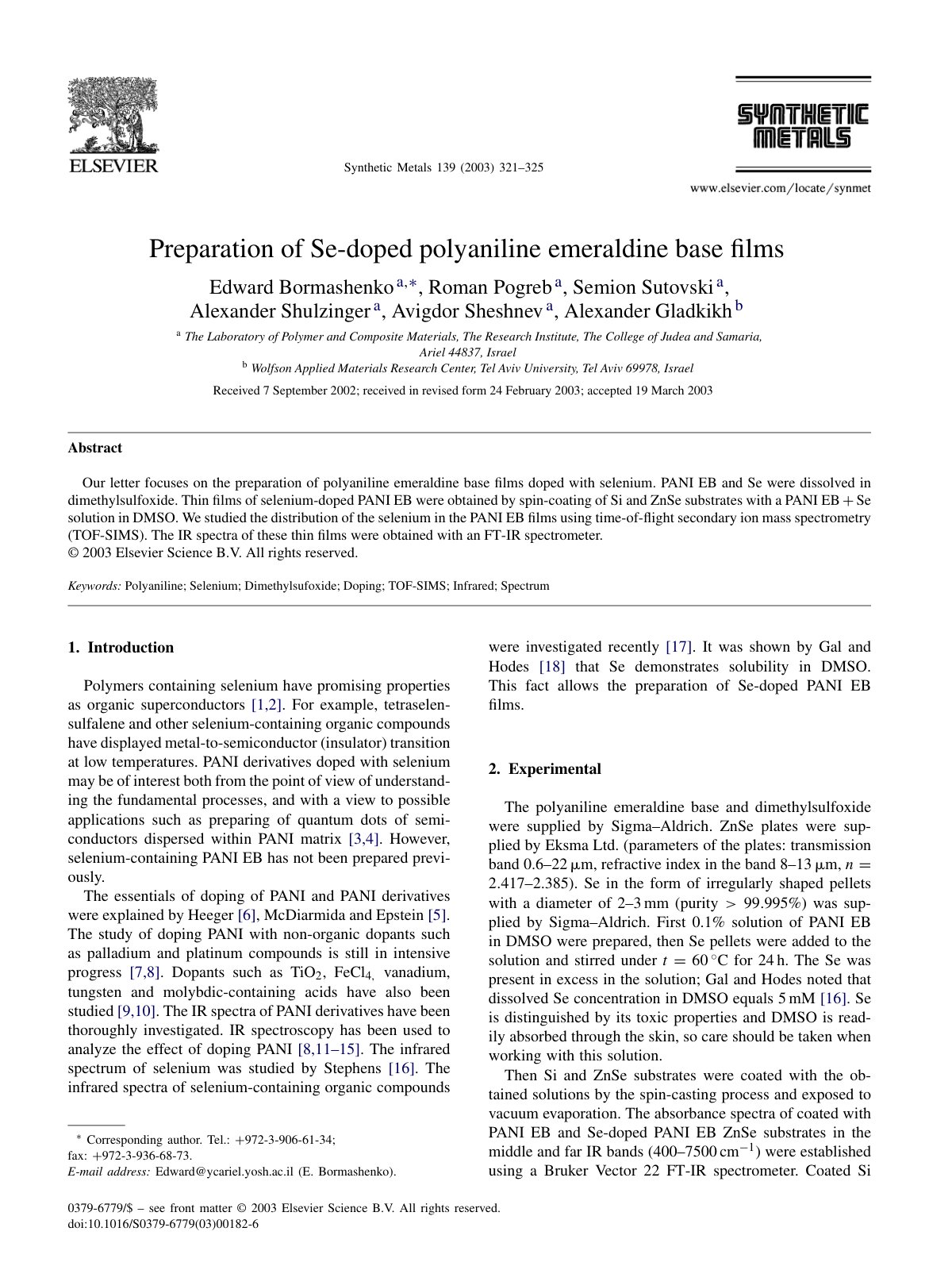 First page of Preparation of Se doped polyaniline emer