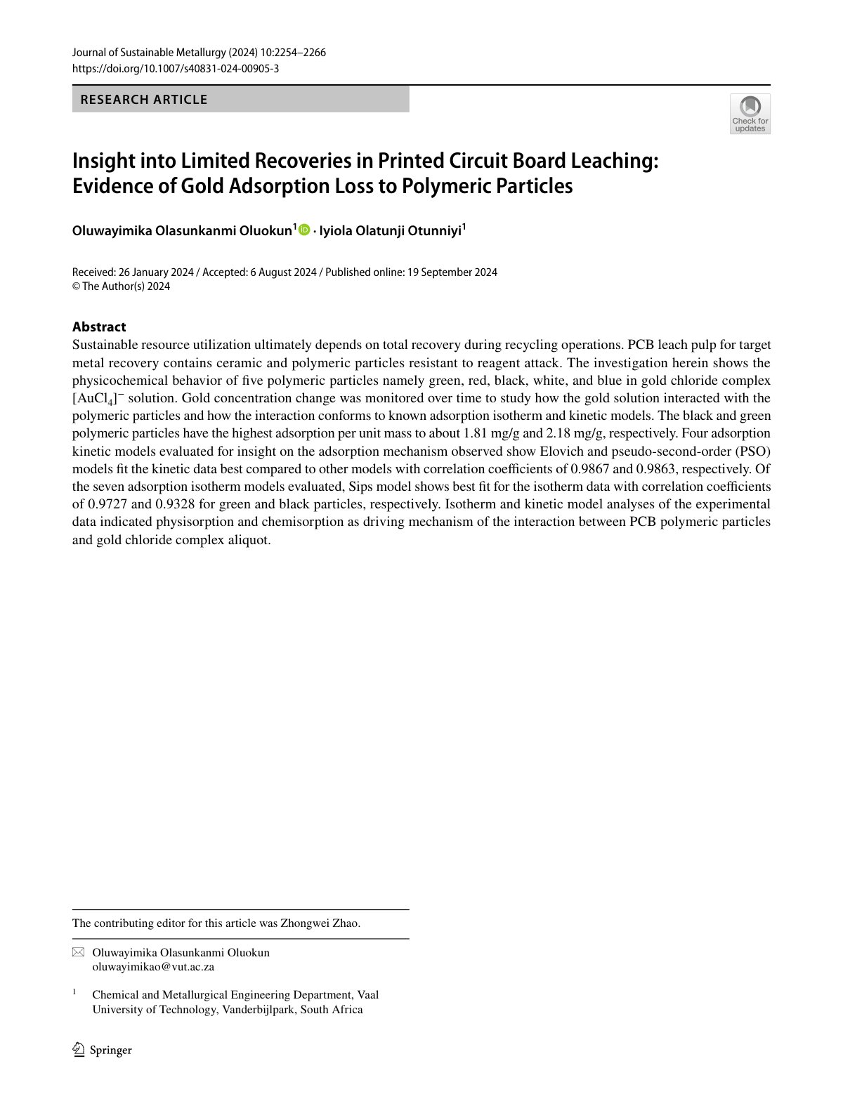 First page of 2024   Oluokun   Gold adsorption losses in PCB leaching