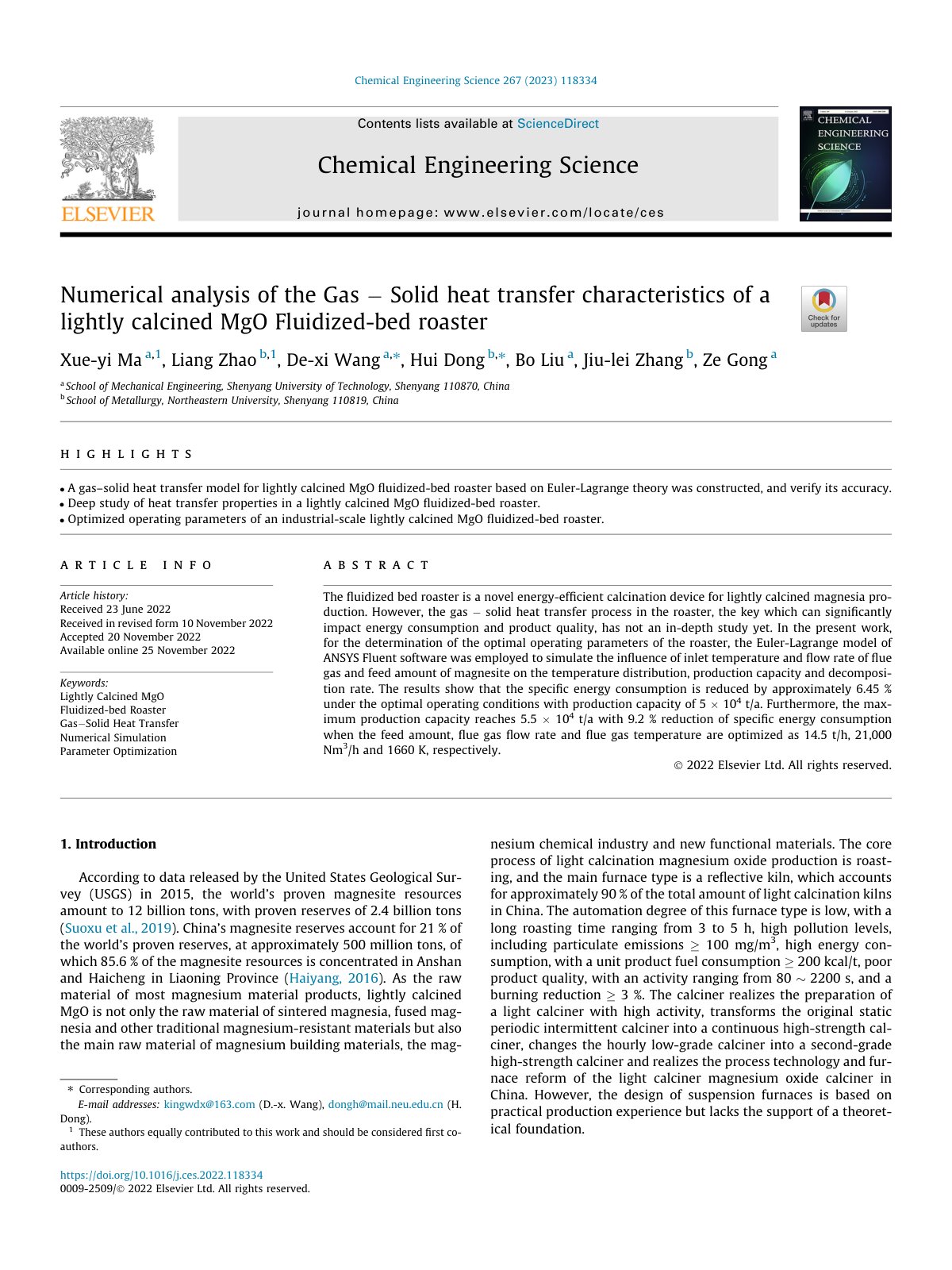 First page of Numerical analysis of the Gas   Solid heat transfer chara 2023 Chemical Engi