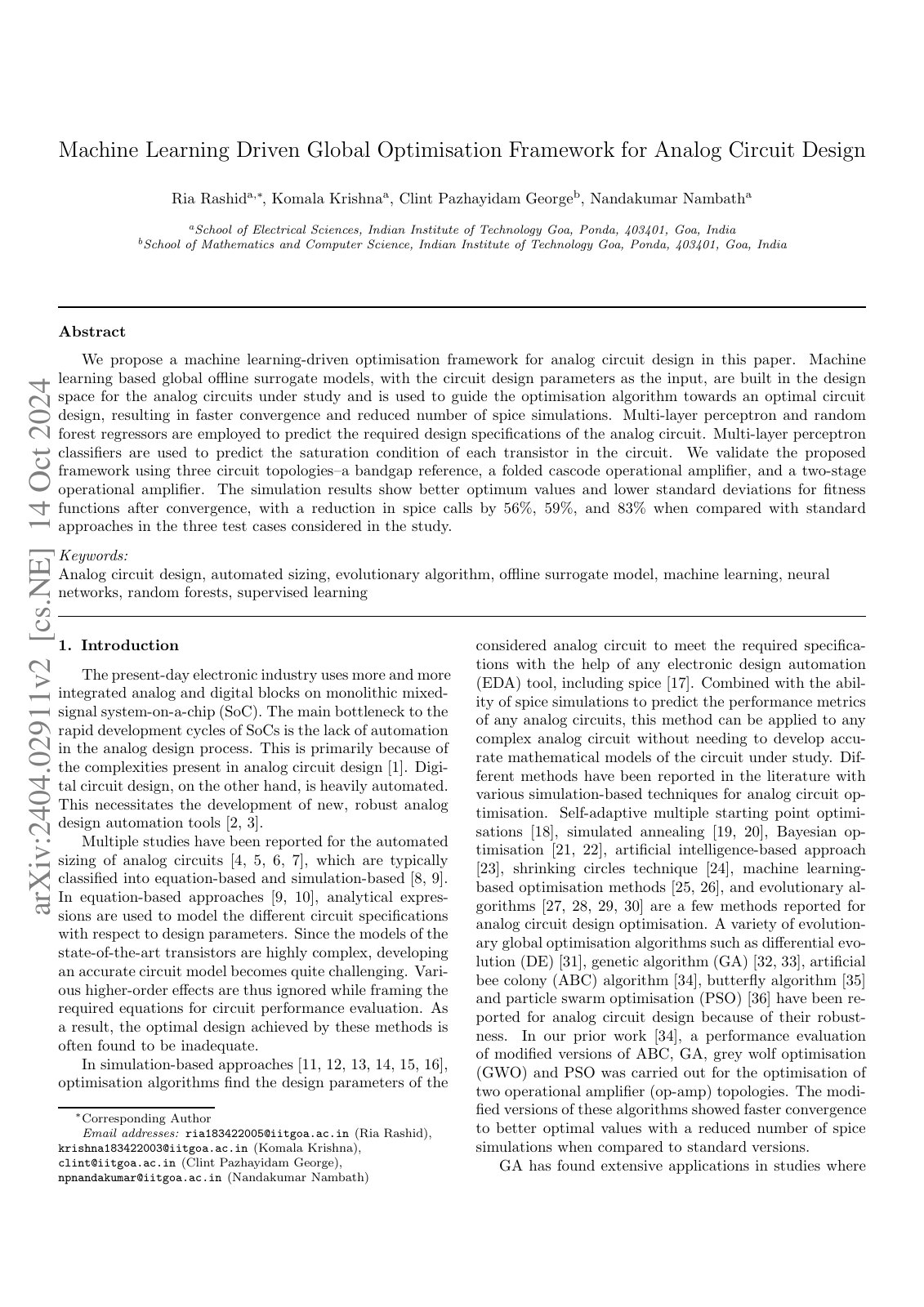 First page of Machine Learning Driven Global Optimisation Framework for Analog Circuit Design