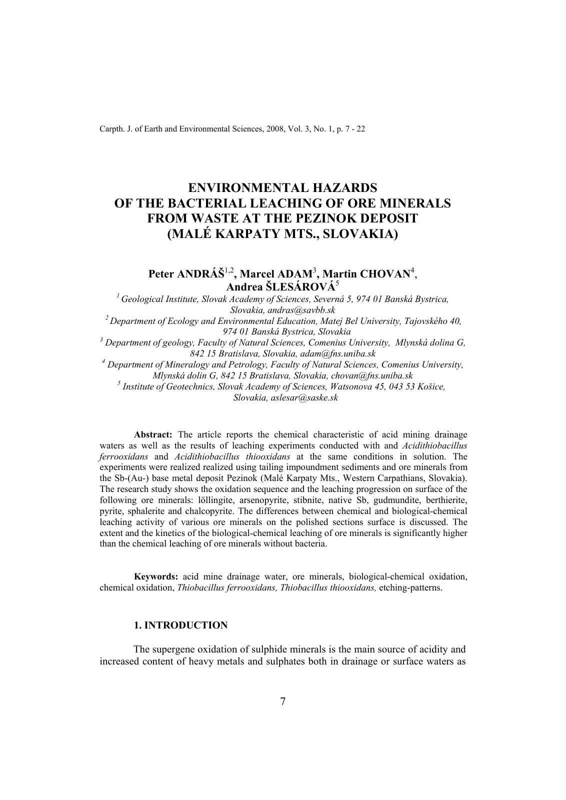 First page of Environmental Hazards of the Bacterial Leaching of Ore Minerals from Waste at the Pezinok Deposit (Malé Karpaty Mts., Slovakia)
