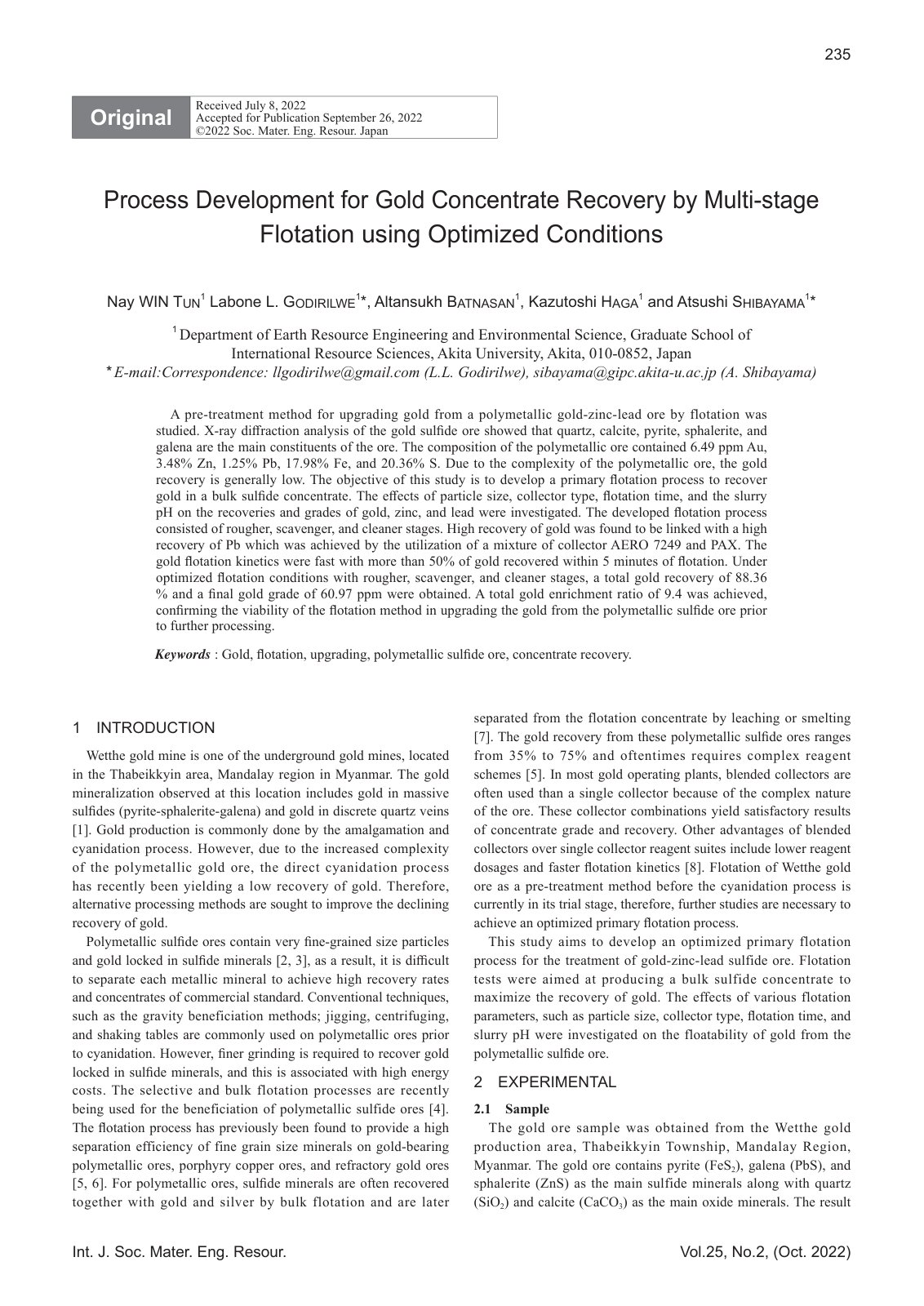 First page of Process Development for Gold Concentrate