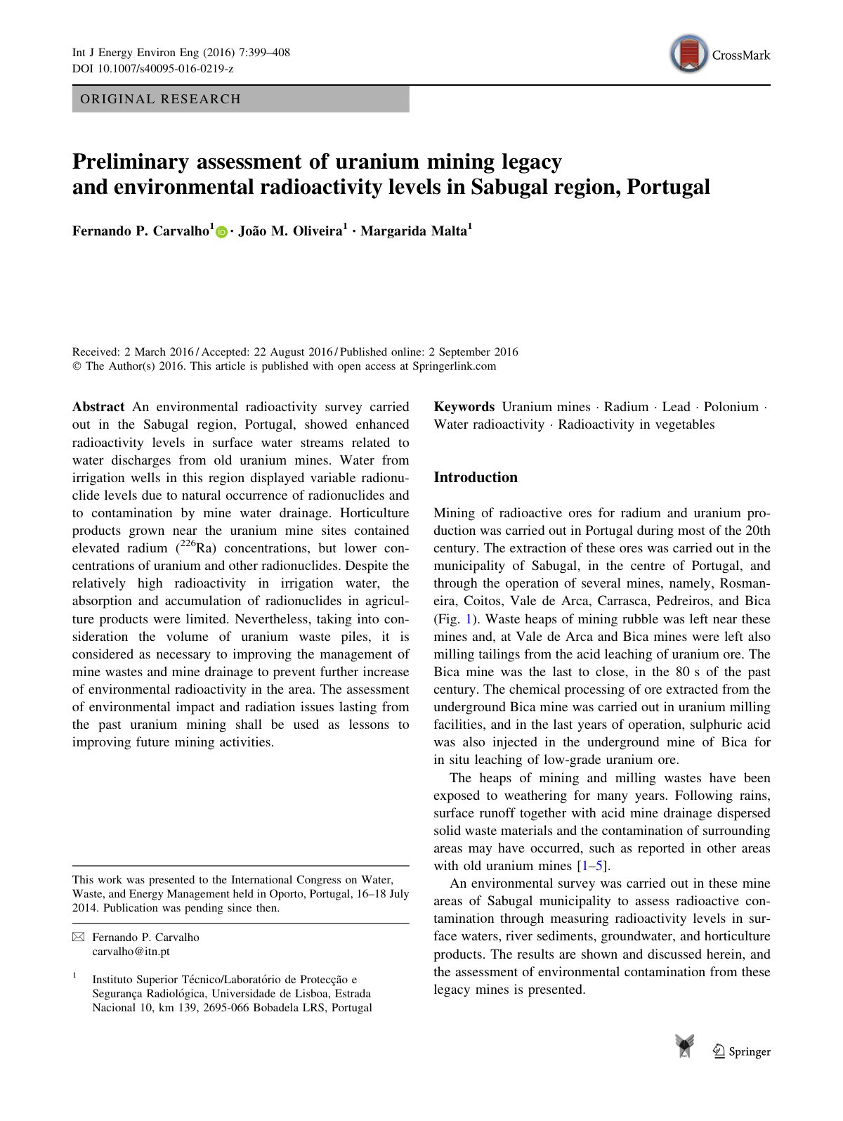 First page of Preliminary assessment of uranium mining legacy and environmental radioactivity levels in Sabugal region, Portugal