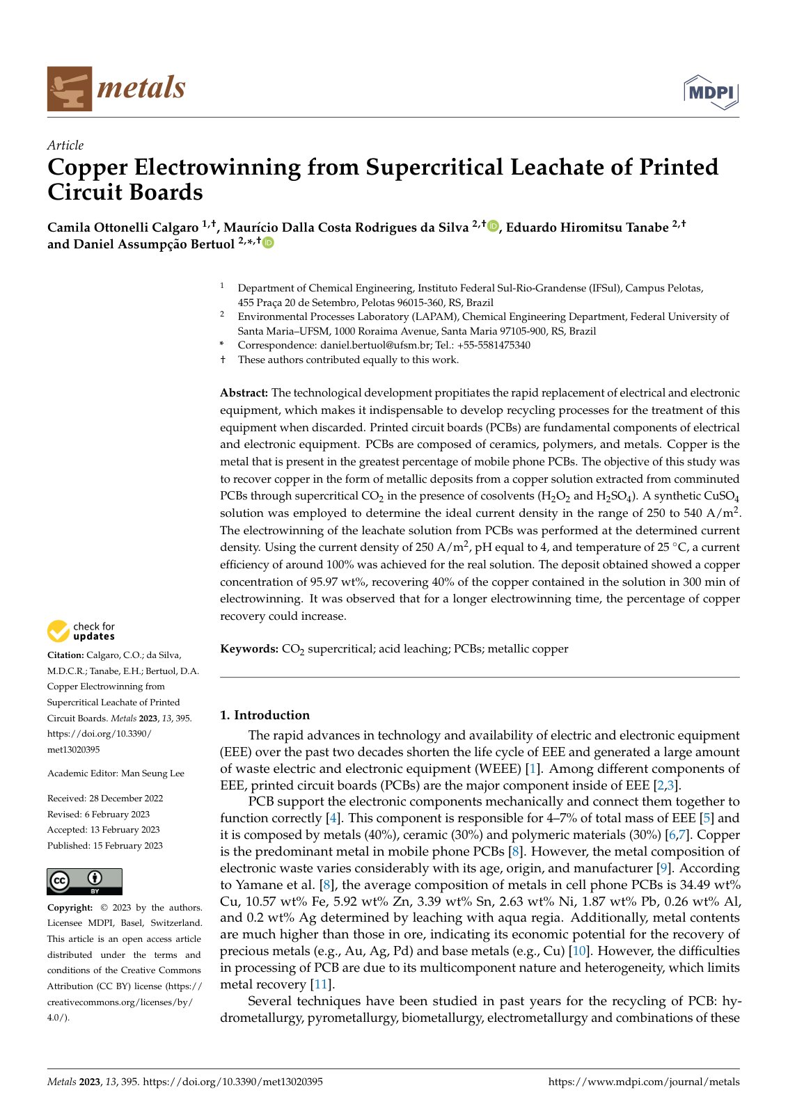 First page of Copper Electrowinning from Supercritical Leachate of Printed Circuit Boards
