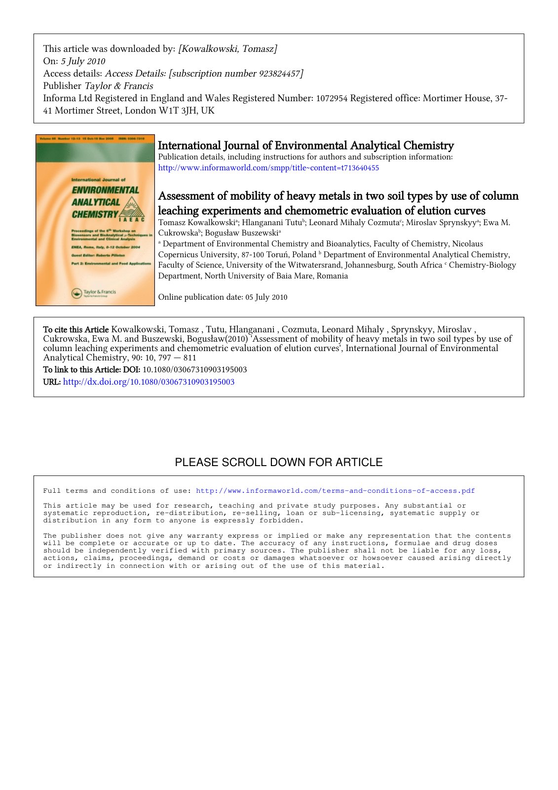 First page of Assessment of mobility of heavy metals in two soil types by use of column leaching experiments and chemometric evaluation of elution curves
