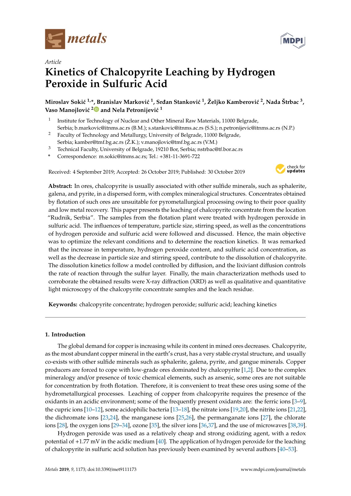 First page of Kinetics of Chalcopyrite Leaching by Hydrogen Peroxide in Sulfuric Acid